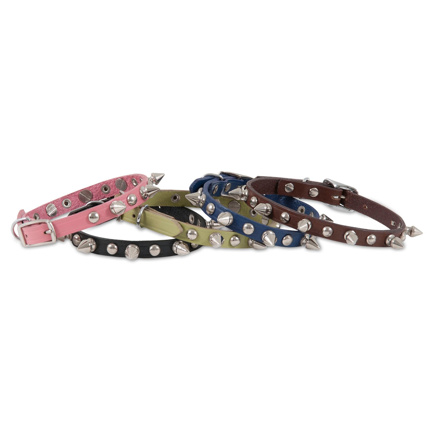 The Pet-mates Lil Spikes Leather Custom Fit Collar collection by Pet-mates features five vibrant colors: pink, black, green, blue, and brown. Each durable collar showcases metal spikes and a sturdy buckle in a slightly overlapping display.
