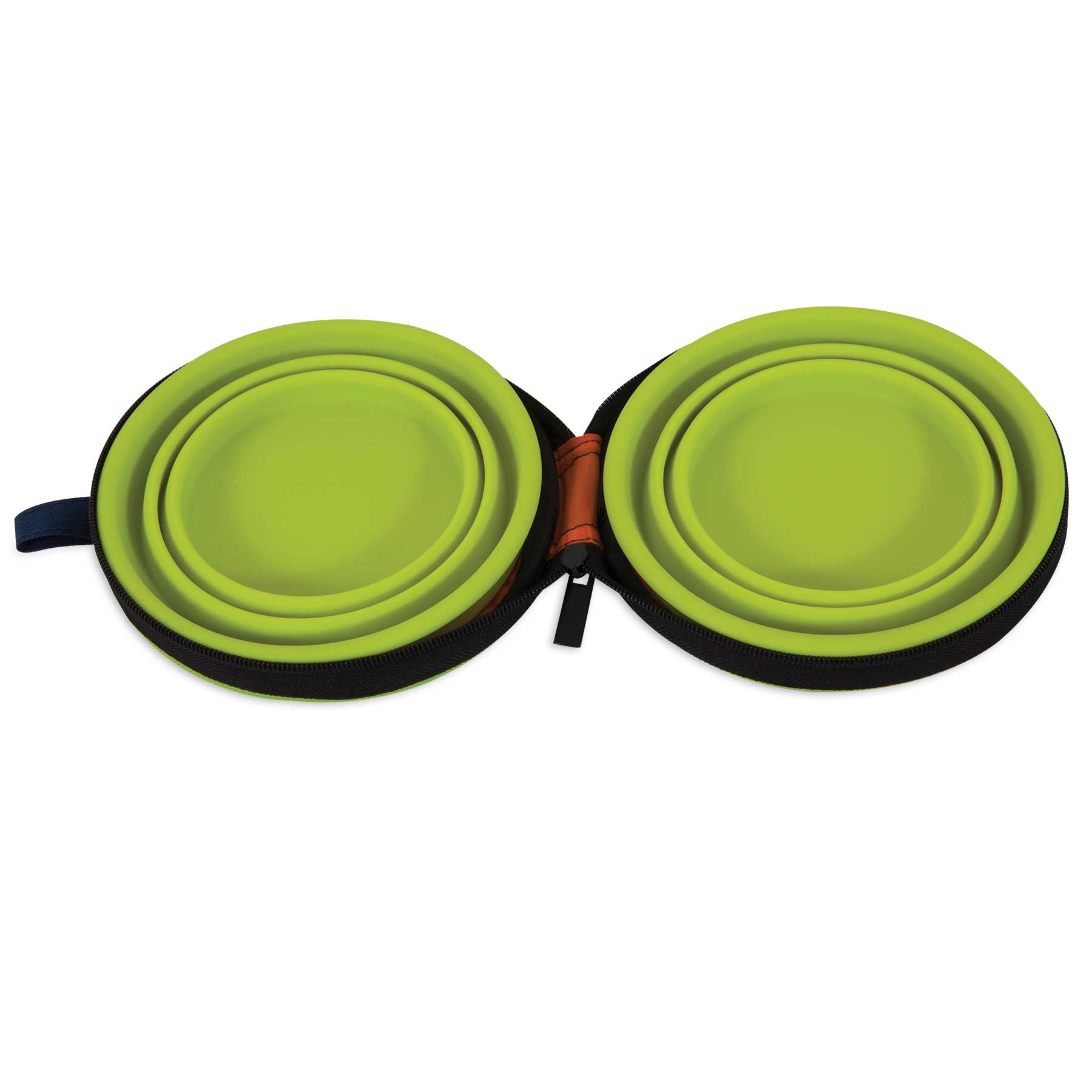 The Pet-mates Silicone Travel Bowl Duo by Pet-mates includes two green collapsible silicone bowls in an open black zippered case, ideal for travel. The nested bowls fit into grooves, while a small blue fabric loop accents the case.