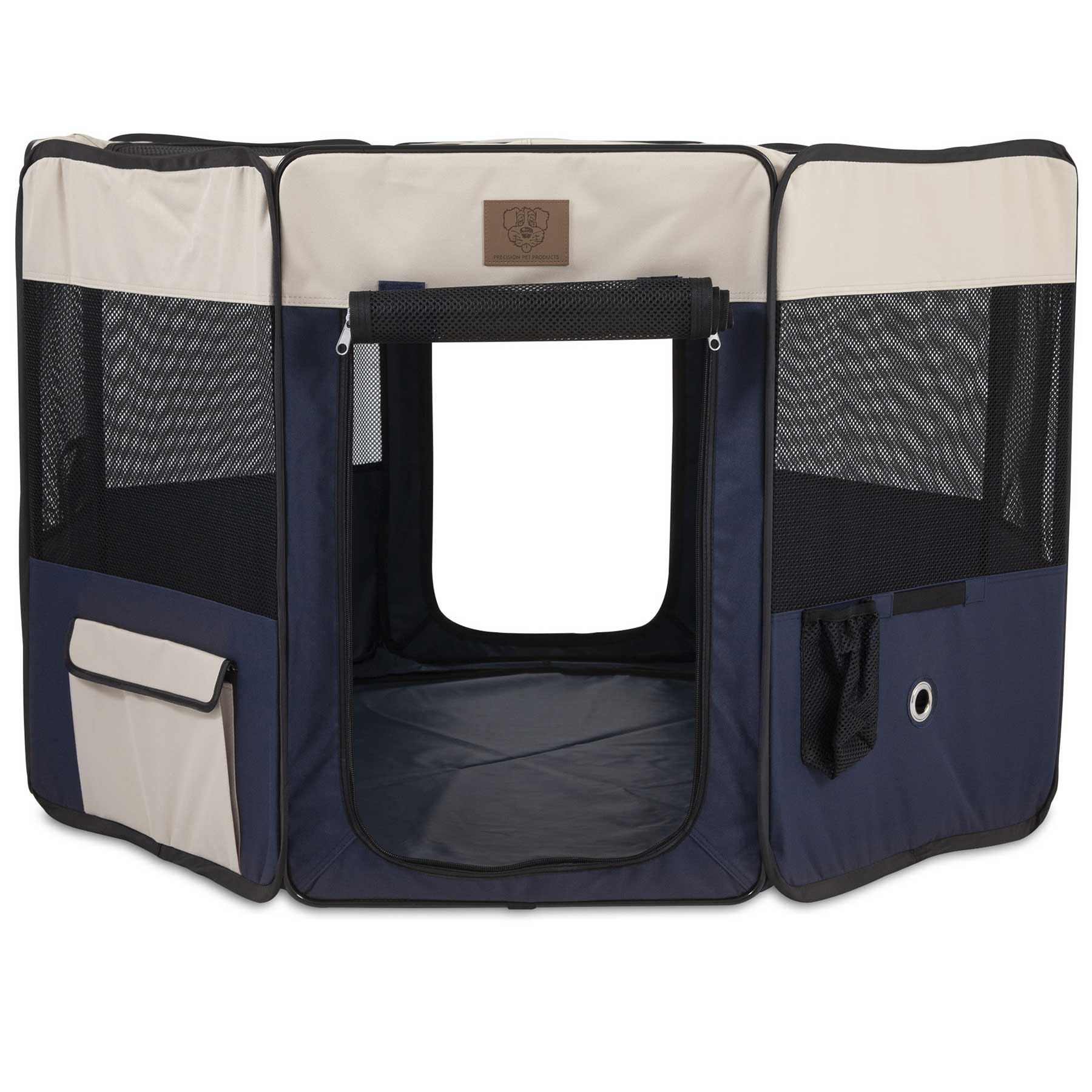 The Precision Pet Soft Side Play Yard by Precision Pet Products is a black and beige play yard for small pets, featuring mesh windows, a front zippered door, a side pocket, ventilation holes for comfort, and a foldable design. Its water-resistant material ensures durability.