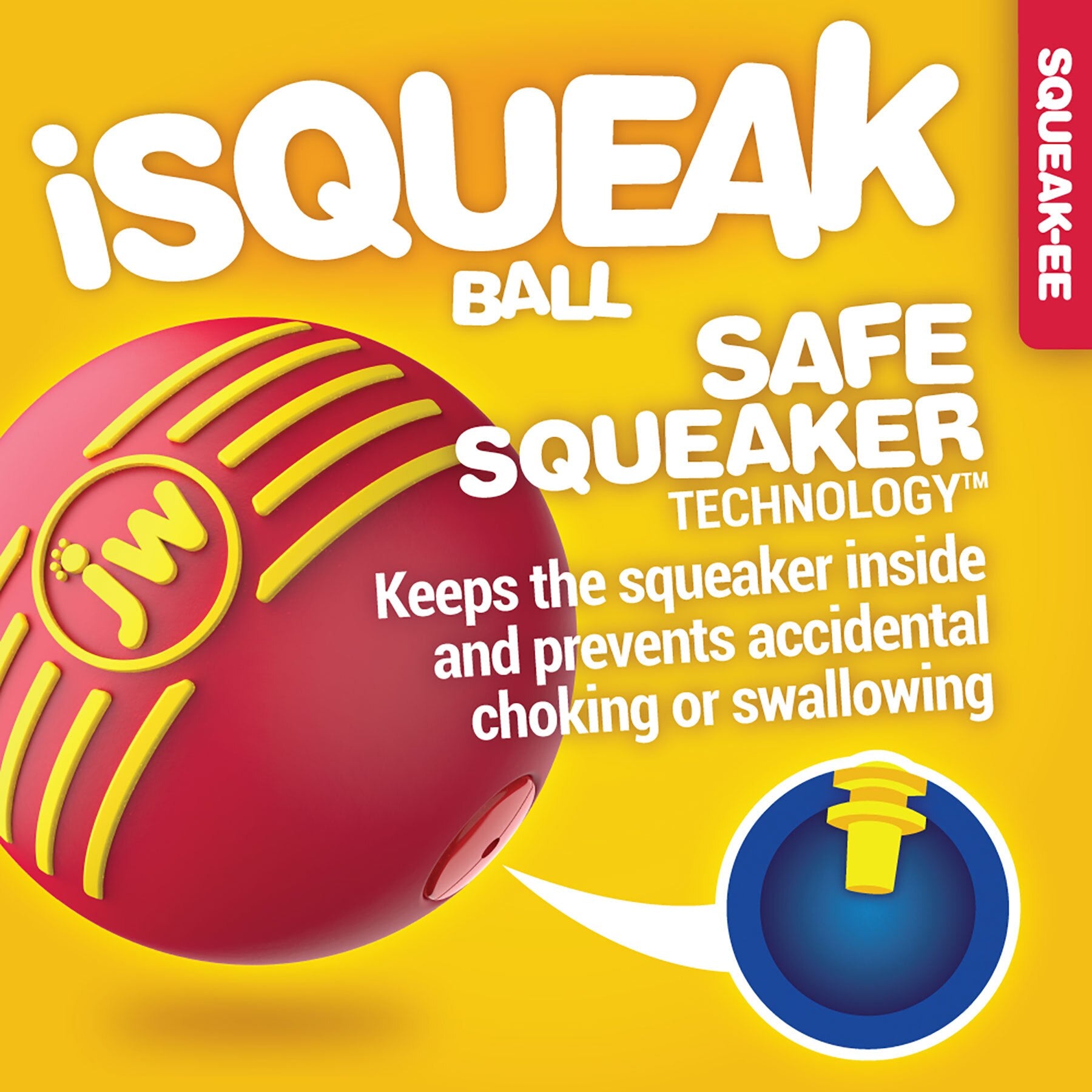 Illustration of a JW iSqueak Ball in red, made from heavy-duty rubber with three yellow lines. Text: Safe Squeaker Technology keeps the squeaker inside, preventing accidental choking or swallowing. A close-up reveals the innovative squeaker mechanism design by Jw.
