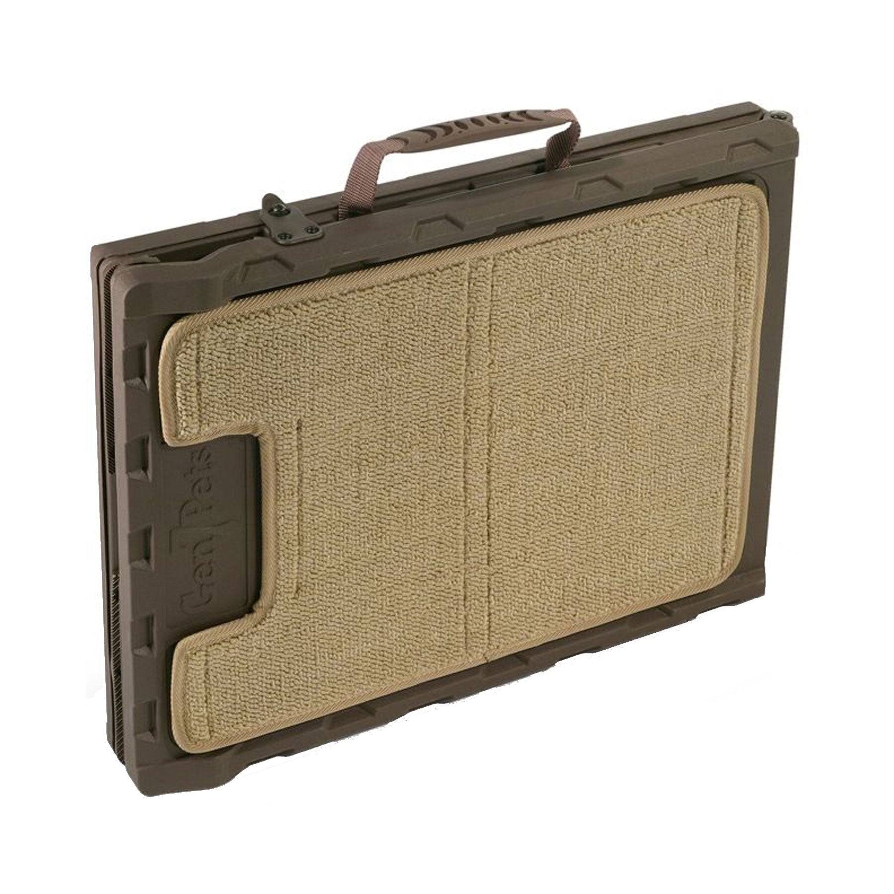 The Gen7Pets Indoor Carpet Mini Ramp by Gen7 is a closed brown and tan foldable play set for cats featuring a sturdy handle and textured surfaces. Its sleek design with visible hinges and grooves makes unfolding easy, doubling as stylish pet furniture while providing functionality.