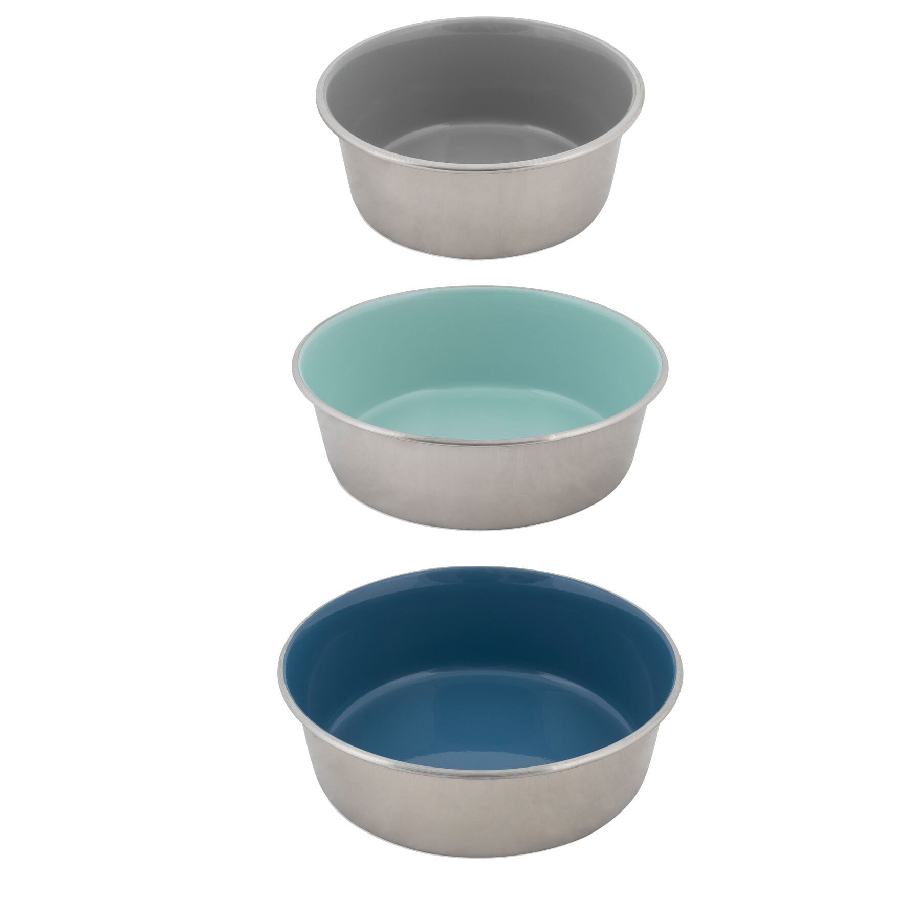 The Pet-mates Painted Stainless Steel Pet Bowls, by Pet-mates, feature a stackable design with rust-resistant stainless steel and vibrant interiors: gray, light blue, and dark blue. Each bowl includes non-skid feet for stability during mealtime.