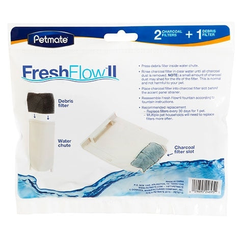 Package of Pet-mates Fresh Flow II Charcoal & Debris Filter by Pet-mates. The front features instructions, images of the debris filter, water chute, and charcoal filter slot, along with blue water splash graphics at the bottom.