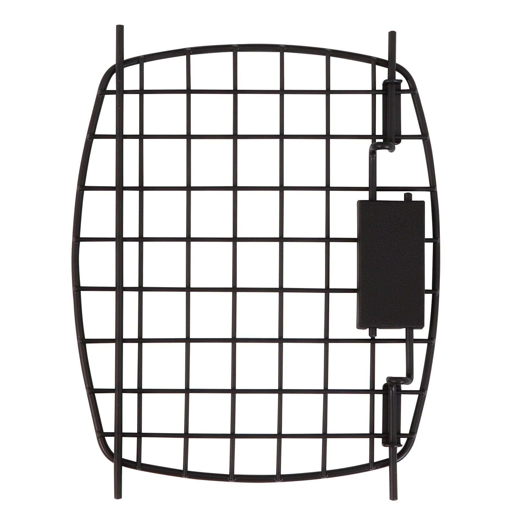 The Pet-mates Black Replacement Door for 19 Plastic Kennels is a metal grid with evenly spaced bars, featuring a right-side rectangular clasp and a slight outward curve. The backdrop is pure white.