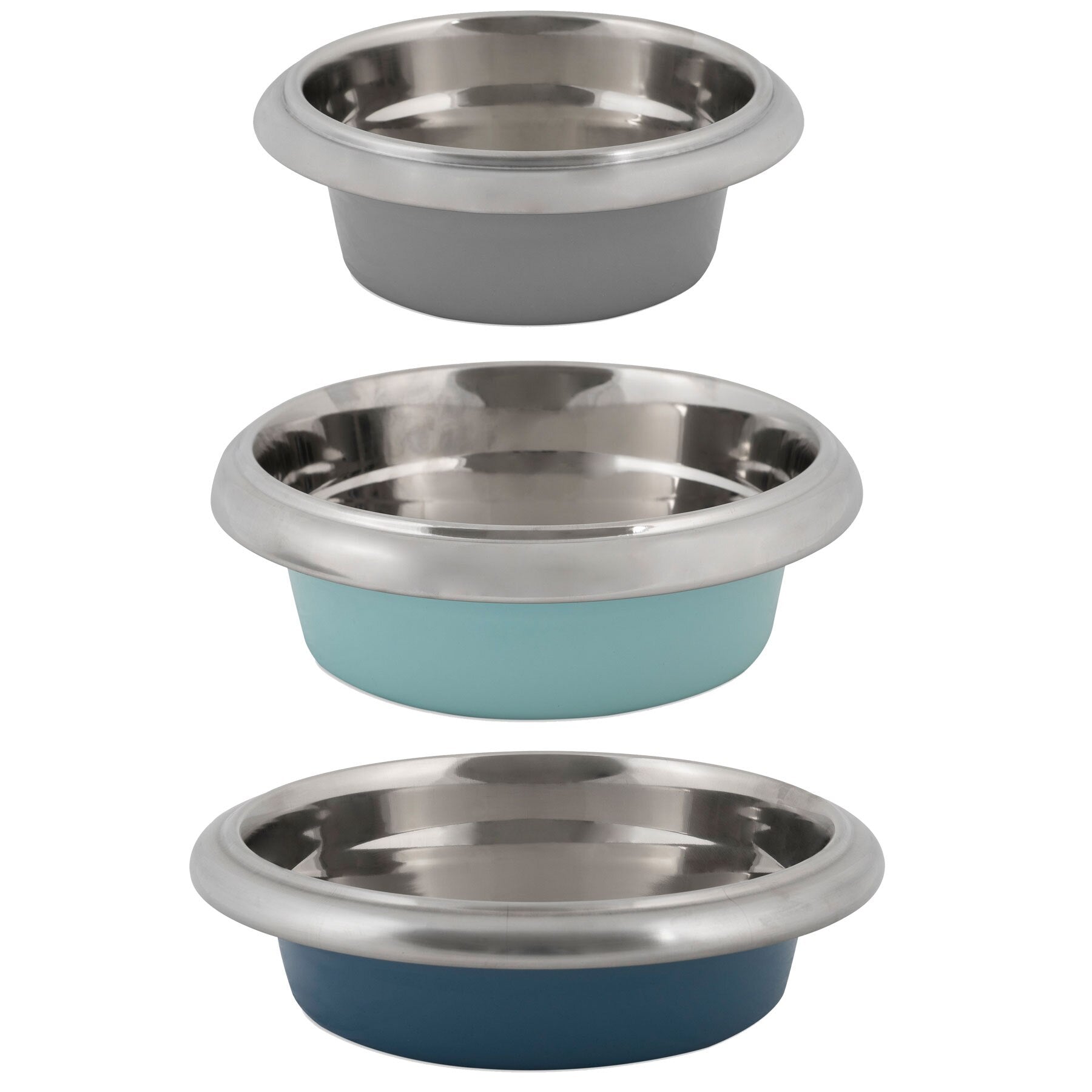 Three Pet-mates Easy Grip Stainless Steel Pet Bowls are stacked vertically, displaying their interiors. The bowls have non-skid bases and feature grey, light blue, and dark blue exteriors from top to bottom, with each bowl slightly larger than the one above.
