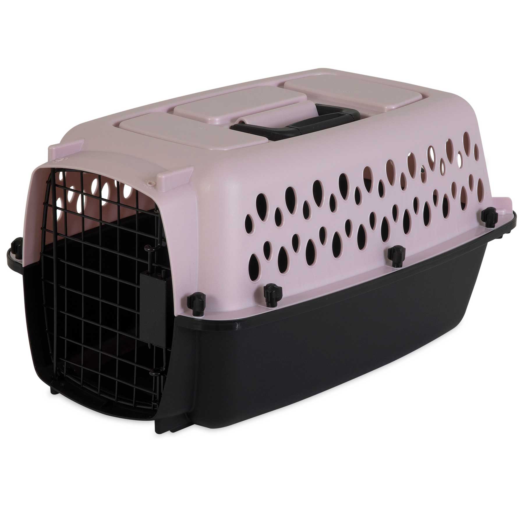 The Pet-mates Fashion All Purpose Vari Kennel features a black base, light pink top, side ventilation holes, and a metal front door—an ideal stylish small dog carrier for travel by Pet-mates.