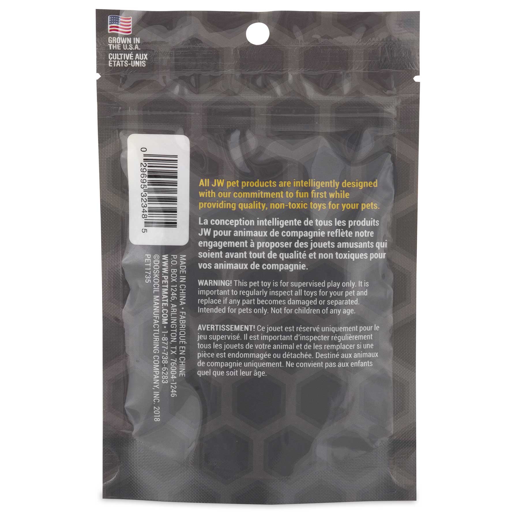 JW Organic Catnip comes in a resealable pouch featuring a honeycomb pattern. The label includes English and French text on design and warnings, plus a small American flag icon indicating its made in the USA.