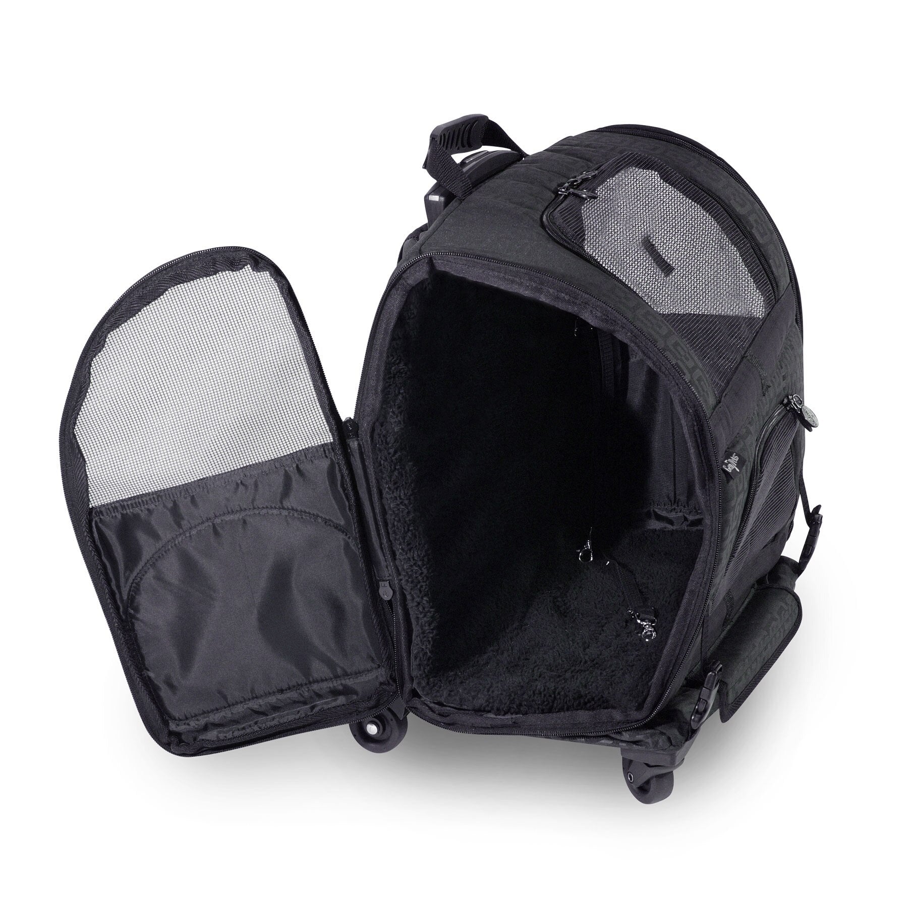 The Gen7Pets Black Geometric Roller-Carrier from Gen7 is on display, showcasing its wheels and telescopic handle. Its spacious, mesh-lined interior is visible with the front flap open, revealing two handy inside pockets.