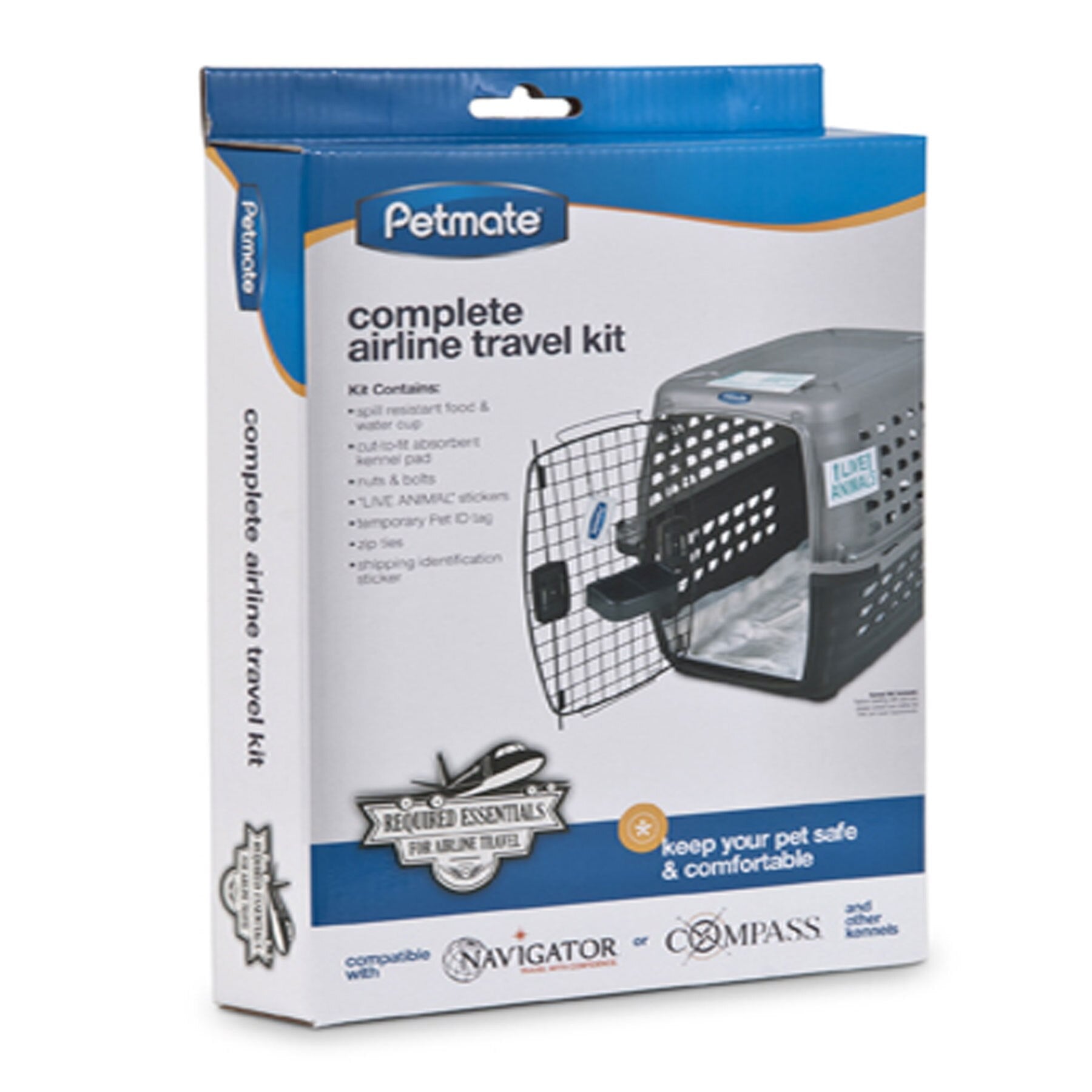 The Pet-mates Kennel Airline Travel Kit, a must-have for pet travel, features a pet carrier image and includes essential accessories: bowls, hardware, ID sticker, food bag, and an absorbent pad. Its designed for small animals under 10 kg and meets airline requirements.