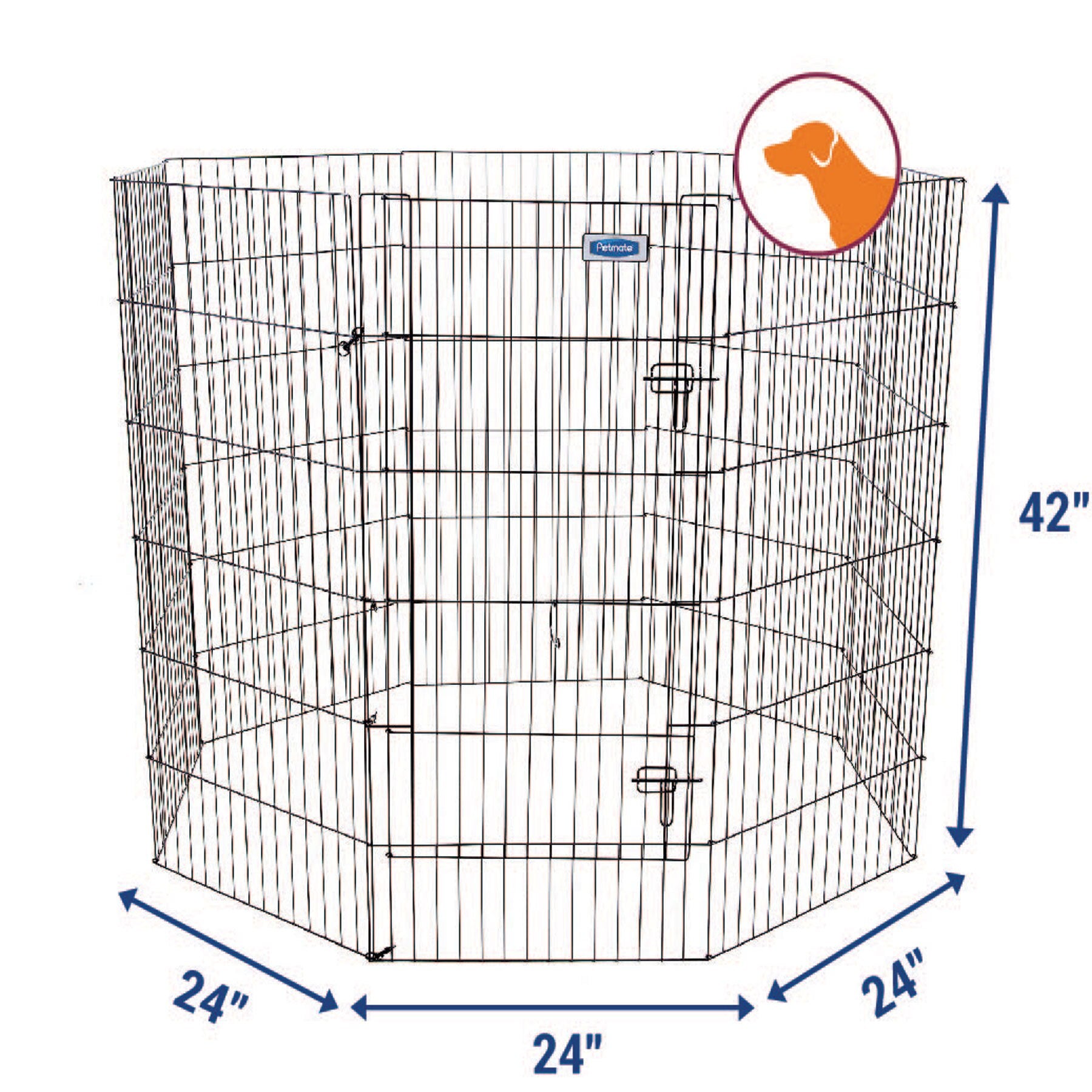Illustration of the Pet-mates Single Door Exercise Pen, a durable wire pen in a hexagonal shape. Each side measures 24 inches and it stands 42 inches tall. A silhouette of a dogs head is shown in the top corner. Brand: Pet-mates.