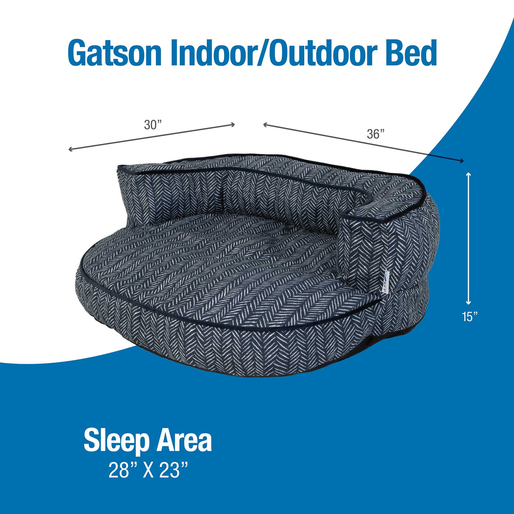 The La-Z-Boy Gatson Indoor Outdoor Dog Bed is a versatile pet bed featuring raised back and side support in patterned fabric, dimensions of 36 x 30 x 15, and a sleep area of 28 x 23, offering the comfort of a dog sofa bed.