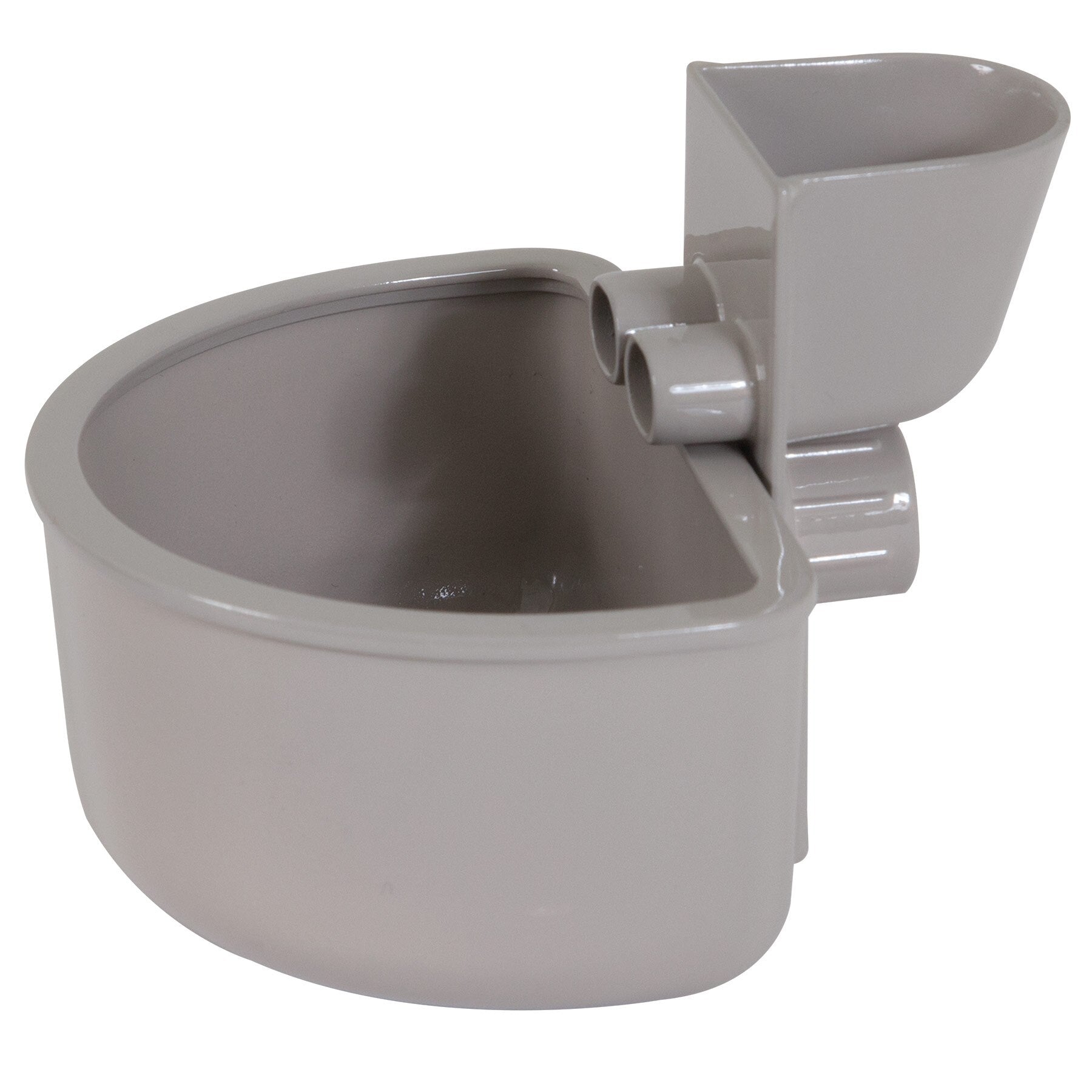 The Pet-mates No Spill Kennel Cup by Pet-mates is a gray plastic automatic water bowl with a rounded basin and top refill spout. Its spill-proof design features a back bracket for easy surface attachment, ideal for travel use.