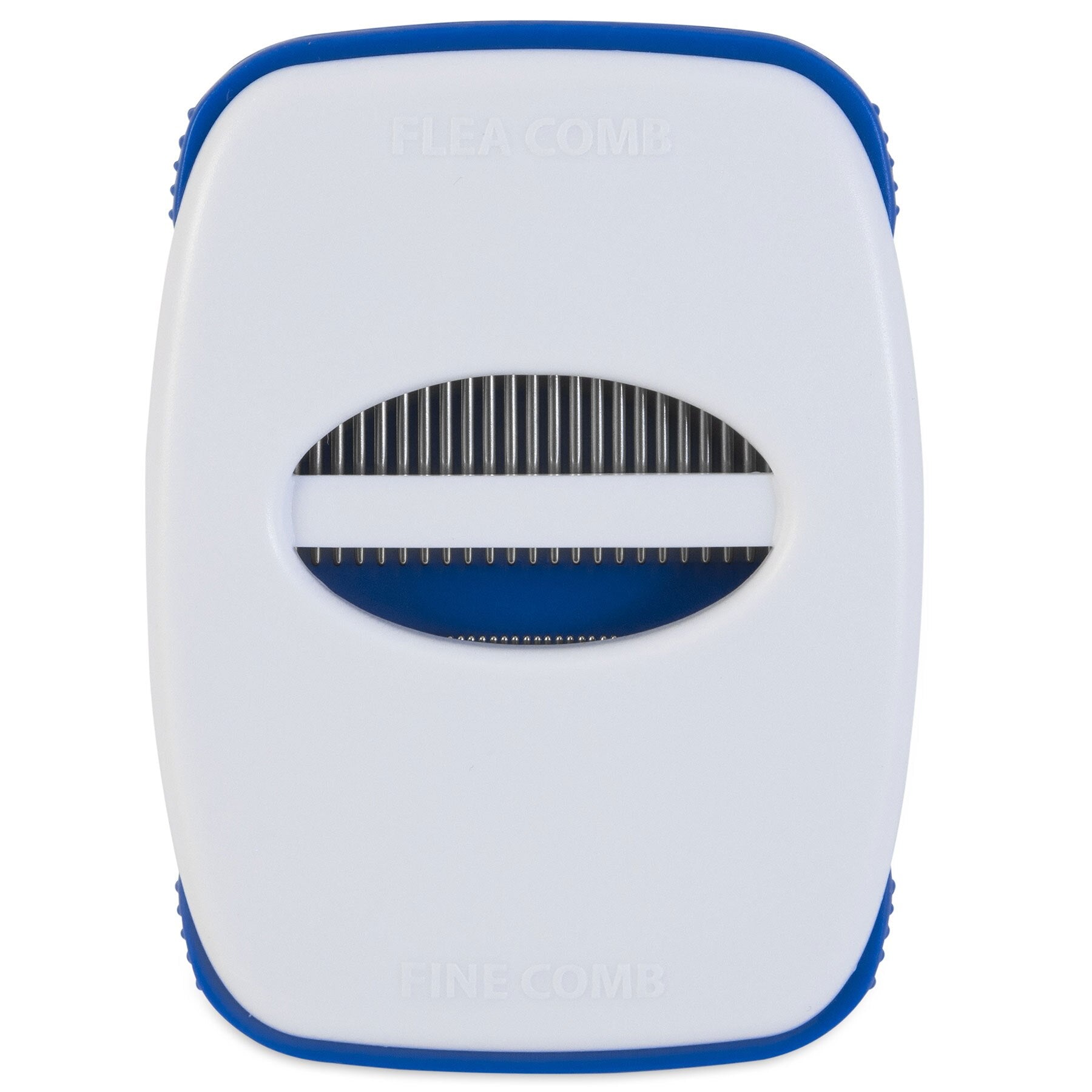 The JW Gripsoft Flea & Fine Comb by Jw is a white flea comb with a blue edge, featuring closely spaced stainless steel tines for removing fleas. It has a rectangular shape with curved edges and an oval-shaped grip area in the center.