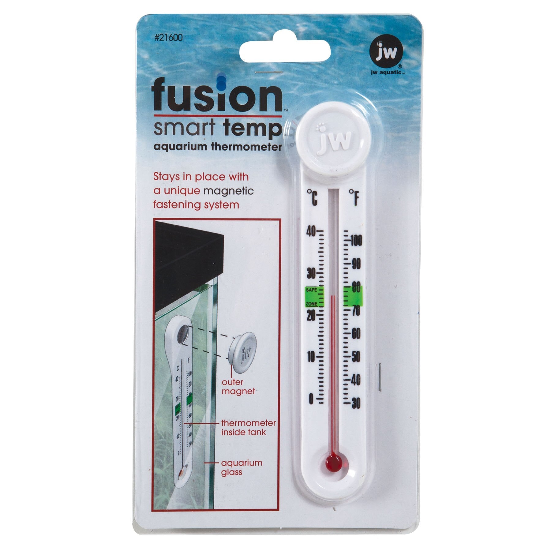 The JW Aquarium SmartTemp Thermometer packaging highlights a sleek white design, red liquid indicator, and green range for ideal tropical fish temperatures. It features a unique magnetic fastening system with clear usage instructions.