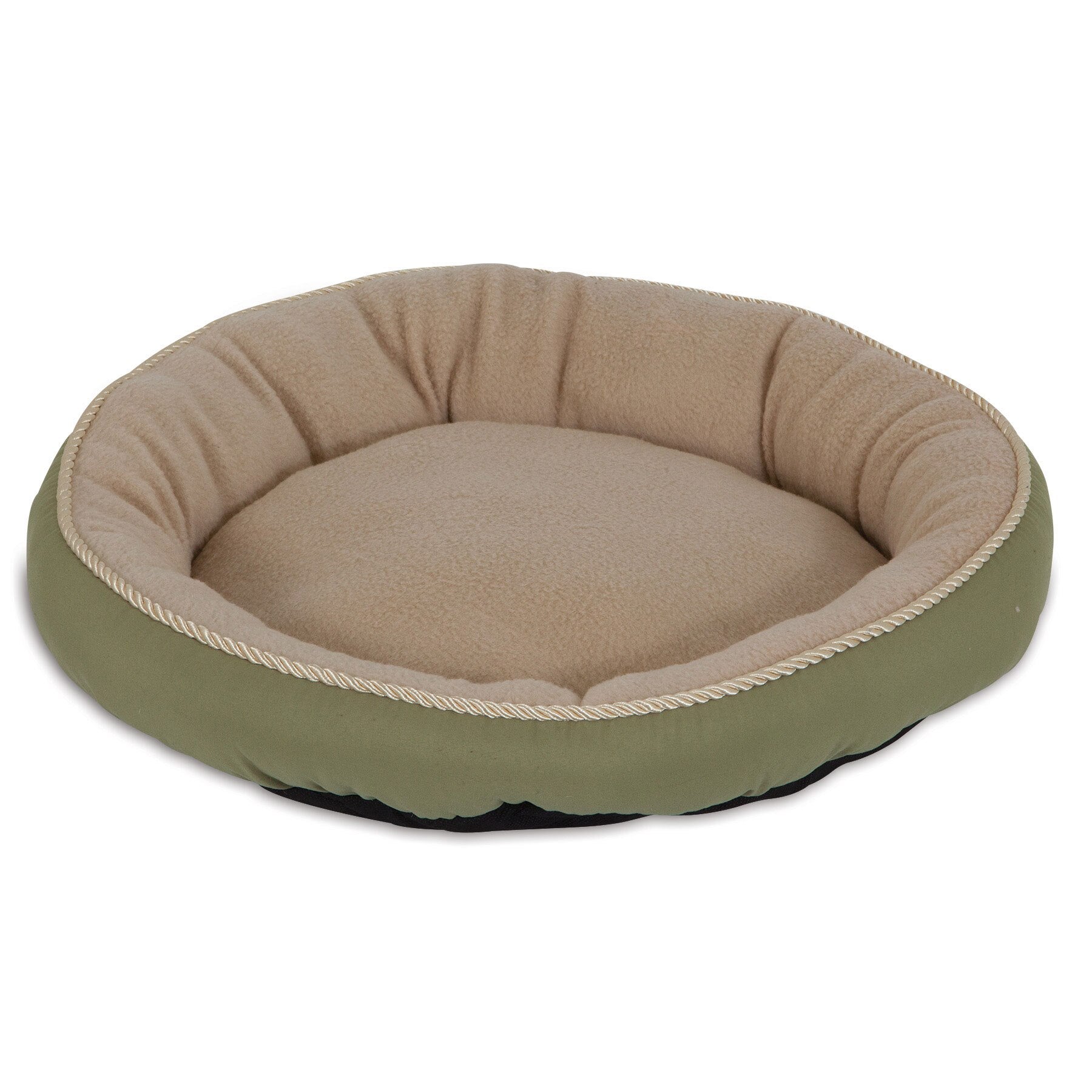 The Aspen Pet Round Pet Bed With Bolster & Gold Cord features a plush, beige interior and olive green exterior, accented with a stylish rope trim. Plus, its machine washable for easy care.