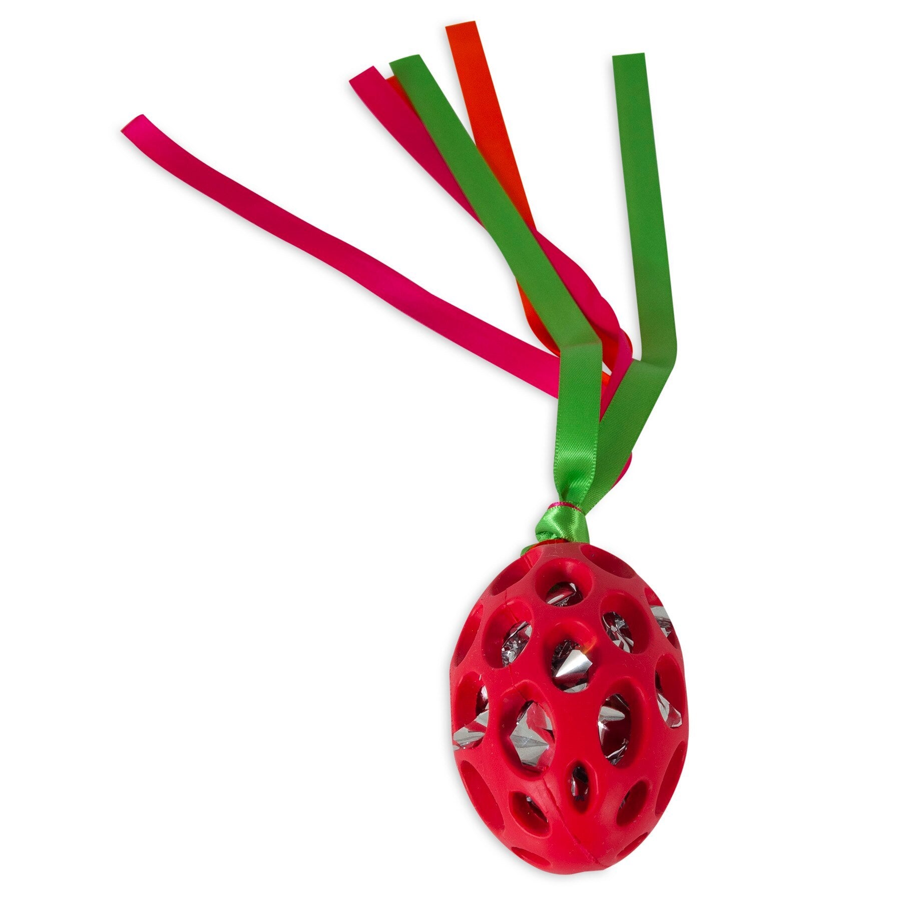 The JW Cataction Football Streamer Cat Toy by Jw is a red, hollow ball with lattice patterns and reflective fillings. It features colorful green, red, orange, and pink ribbons hanging against a white background to entice your cat into playful exercise.