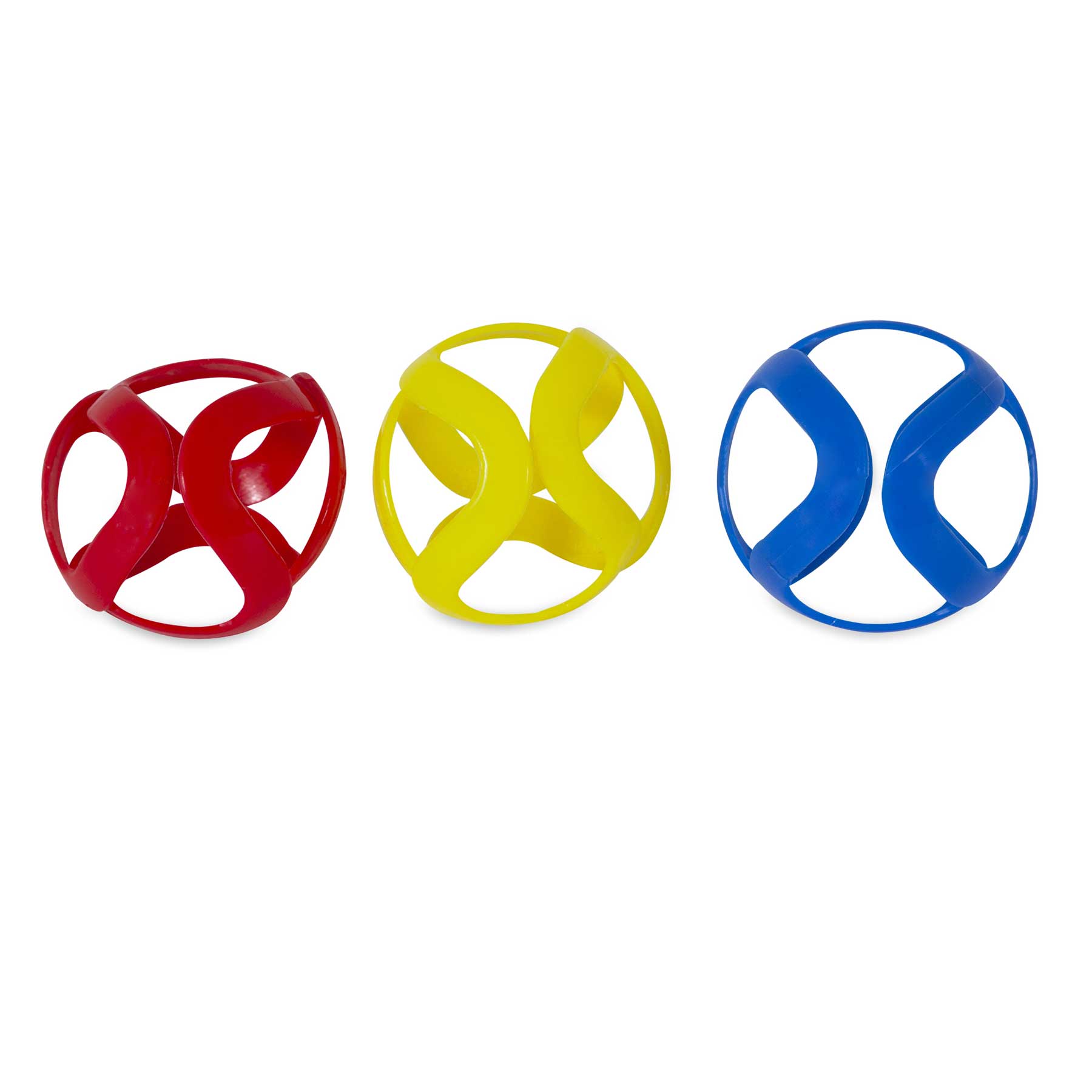 The JW Cat Crazies by Jw feature three intertwined openwork balls in red, yellow, and blue. Each durable plastic ball has a geometric design of curved strips forming a spherical shape, resembling sleek cat toys against a plain white background.