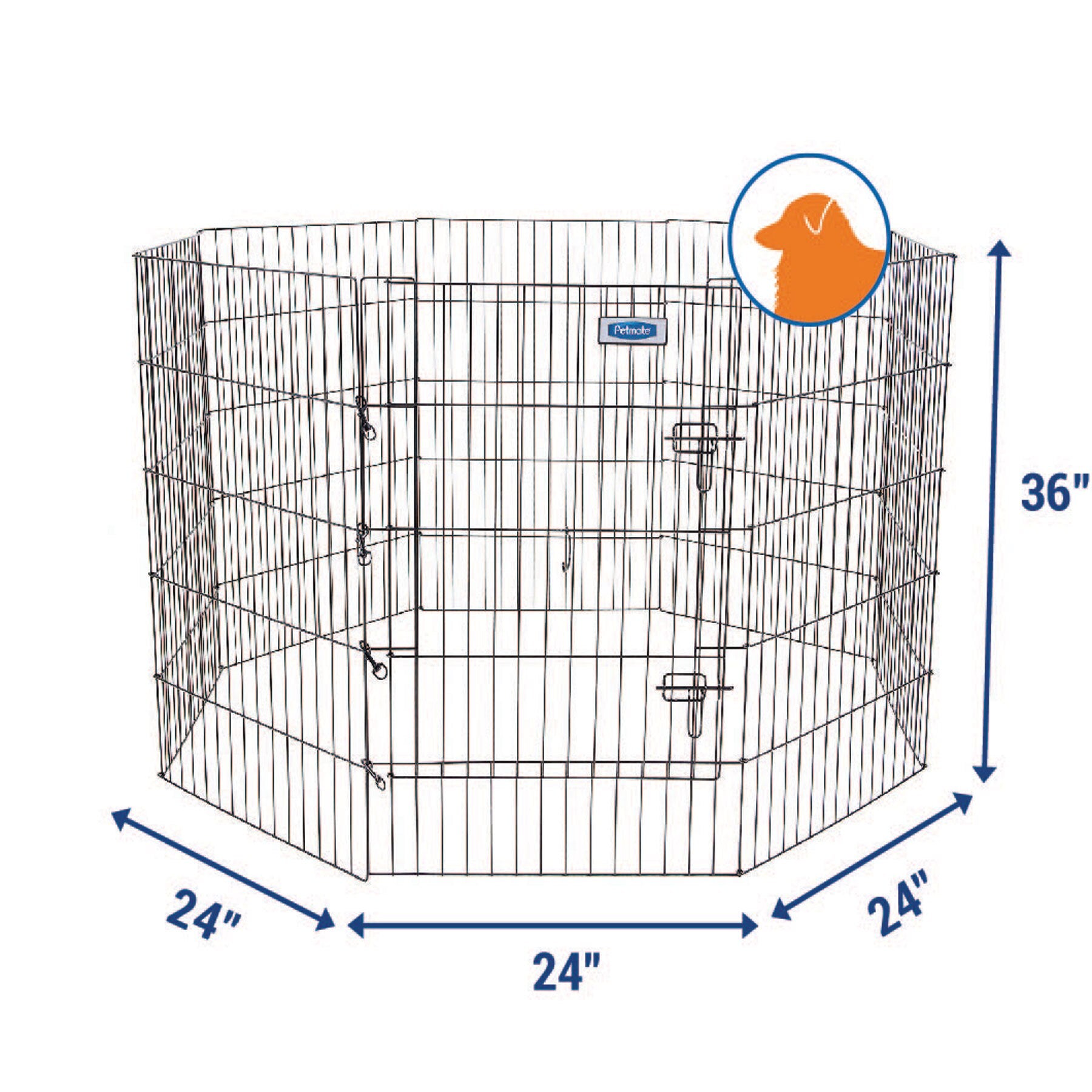 The Pet-mates Single Door Exercise Pen by Pet-mates is an octagonal, portable playpen with durable metal bars. Each panel measures 36 inches high and 24 inches wide, and a circular emblem in the top right corner features an orange silhouette of a dogs head.