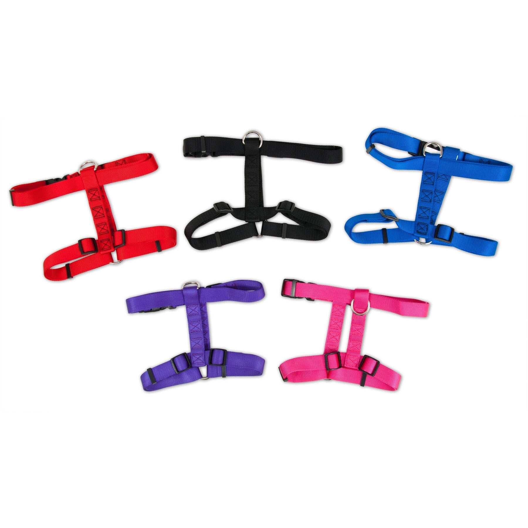 Five Pet-mates Adjustable Dog Harnesses in red, black, blue, purple, and pink displayed on a white background. Made from fray-resistant nylon, each harness features an adjustable strap and a sturdy metal ring for secure pet outings.