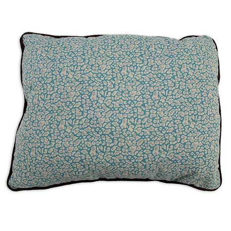 The Pet-mates Two-Sided Fashion Dog Pillow Bed is rectangular with a blue and white speckled, abstract design and a black border.