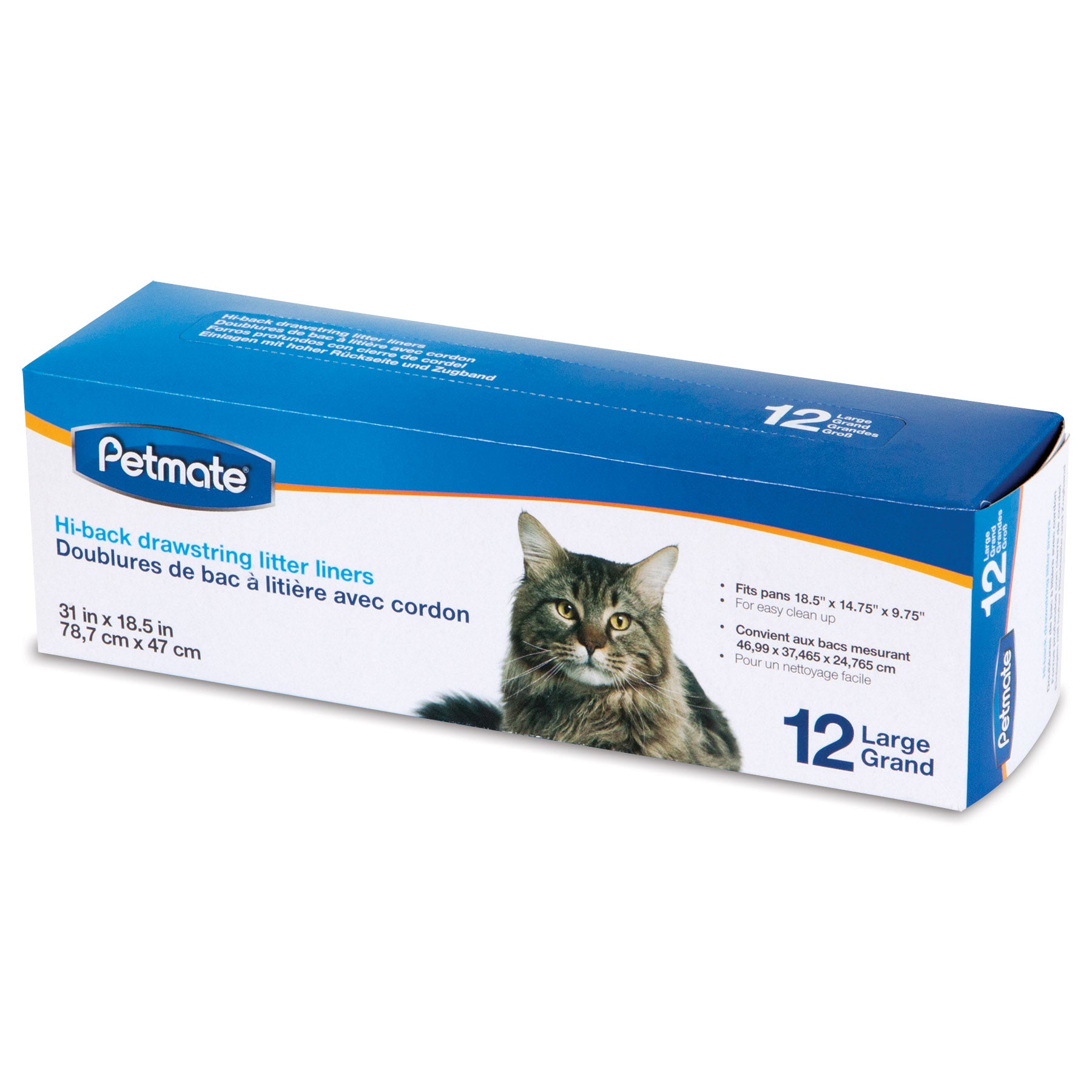 The Pet-mates Drawstring Hi-Back Litter Box Liners box, featuring a large tabby cat image, contains 12 large liners ideal for easy disposal and odor control. Each liner measures 31 x 18.5 inches and fits pans sized 18.5 x 14.75 x 5.75 inches.