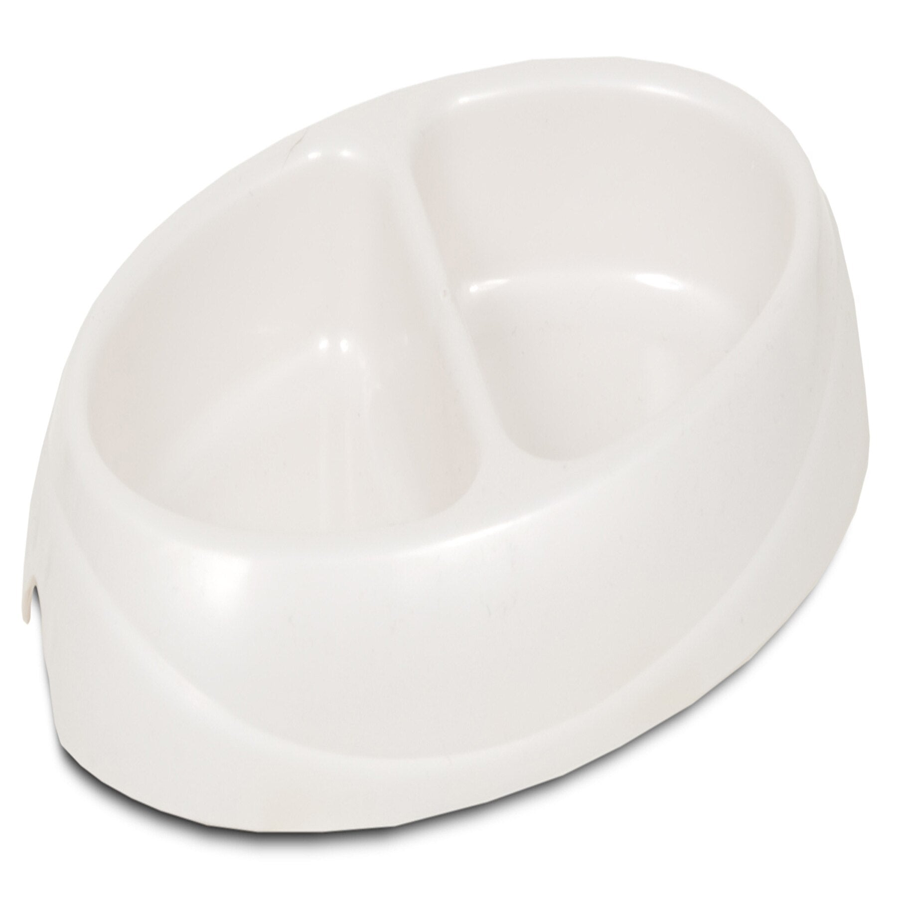 The Pet-mates Ultra Lightweight Double Diner from Pet-mates features an oval design with two compartments in white and is enhanced with Microban technology to maintain cleanliness.