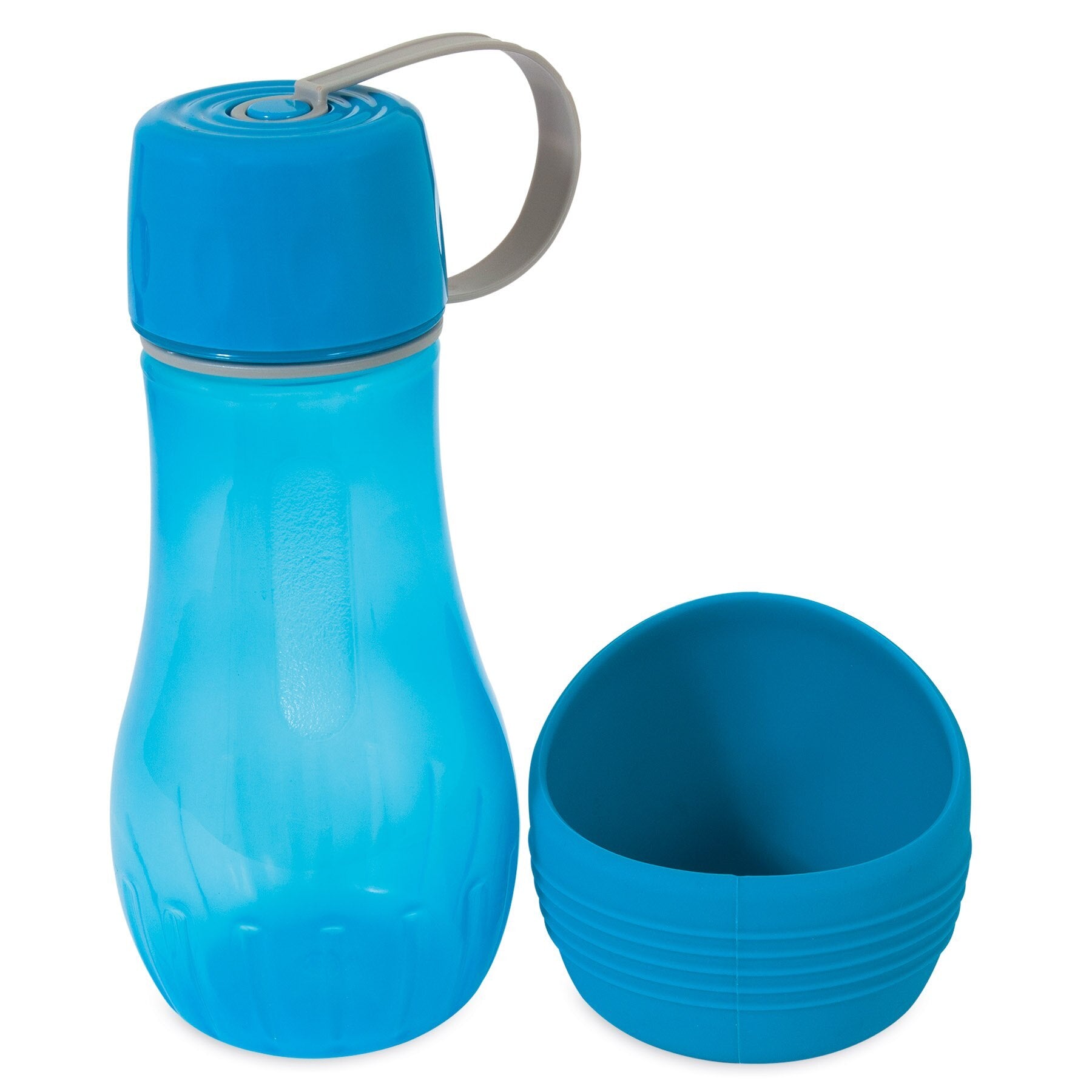 The Pet-mates Blue Replendish To-Go Travel Water Bottle, featuring a gray handle and matching lid that doubles as a cup, offers a textured grip and modern design. It includes a removable water bowl, perfect for pet hydration during travel.