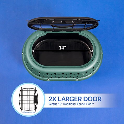 Top view of the Pet-mates E-Z Load Top Load Cat Kennel by Pet-mates, with 360-degree ventilation and a 14-inch wide oval black door—twice as large as typical 19-inch kennel doors—for easy access and reduced travel stress.