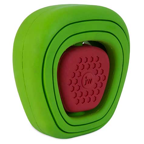 The JW Apple Core Chew-ee Dental Dog Toy by Jw is green and rounded with a red, textured inner section featuring jw at its center. It consists of three flexible layers for interactive play and effective teeth cleaning.