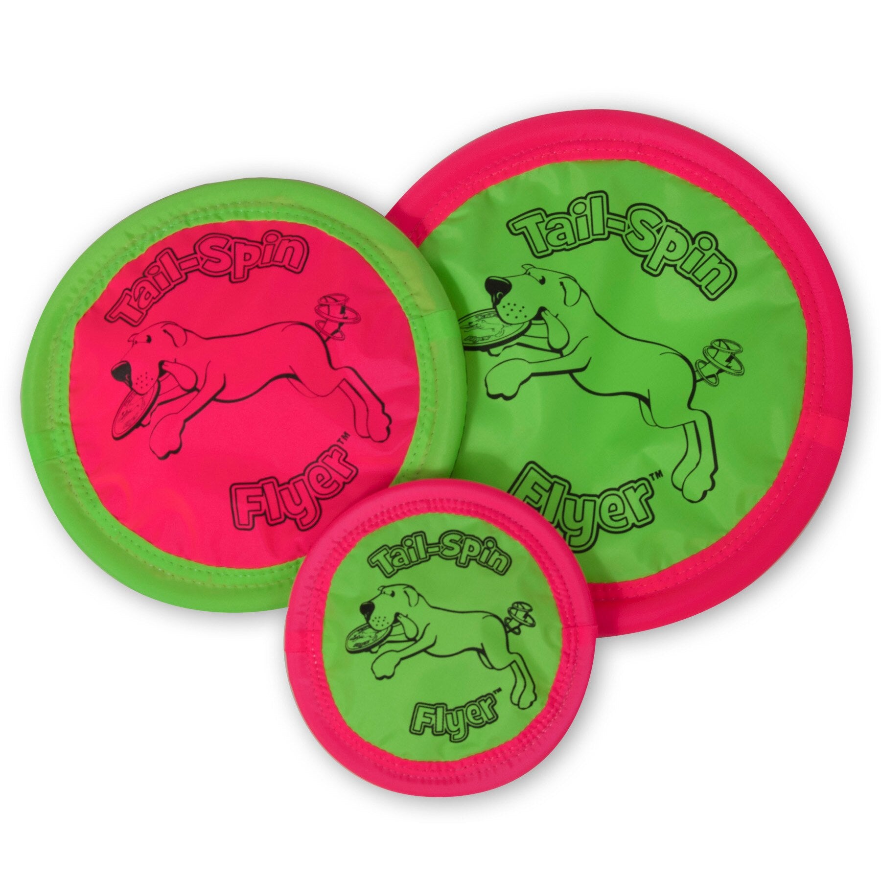 The Pet-mates Booda Tail Spin Flyer is an ideal fetch toy set. It includes a large pink frisbee with a green border, a medium green one with a pink border, and a small version matching the design. Each frisbee features Tail-Spin Flyer and cartoon dog graphics for endless interactive fun.