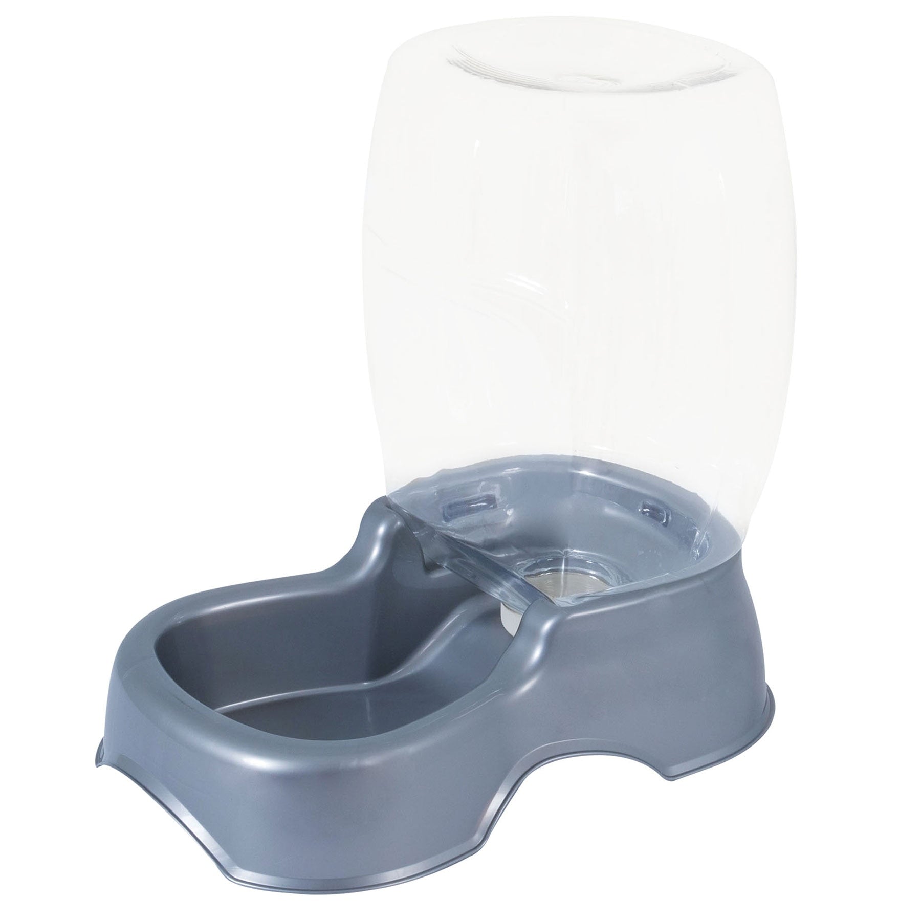The Pet-mates Pet Cafe Gravity Water Bowl by Pet-mates includes an automatic gravity design with a transparent plastic reservoir and gray base, ensuring the shallow, wide bowl remains filled for your pets comfort. This eco-friendly waterer provides an optimal drinking experience.