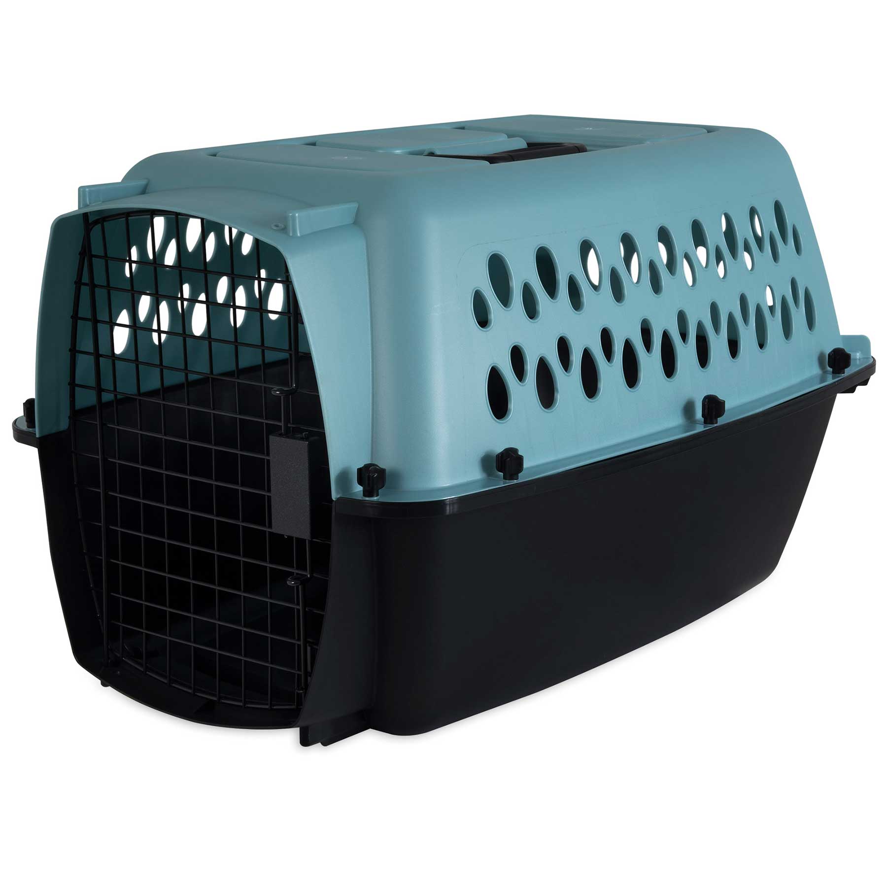 The Pet-mates Fashion All Purpose Vari Kennel by Pet-mates is a plastic pet carrier with a light blue top with ventilation holes, a black bottom, and an open black metal grid door for safe, easy-access travel for small dogs.