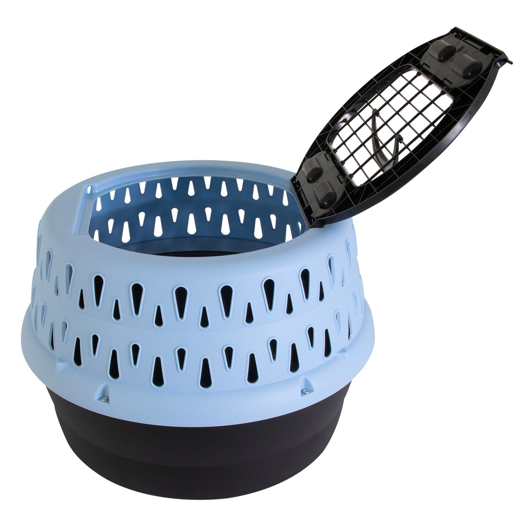 The Pet-mates Get-A-Round E-Z Load Kennel For Cats is a durable blue and black plastic carrier with ventilation holes and an open, black hinged grid lid, providing a secure and comfortable space for your cat.