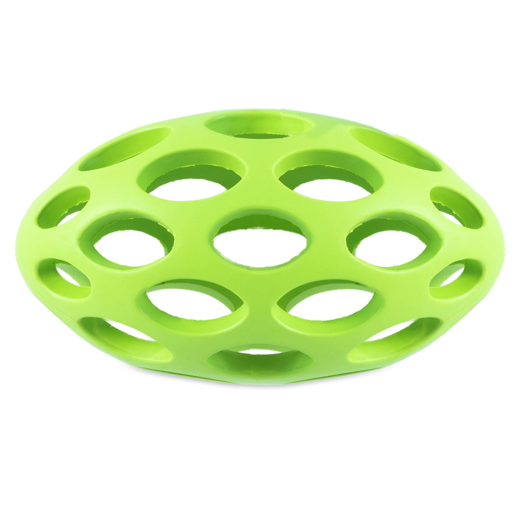 The JW Hol-ee Football Dog Toy by Jw is a durable green rubber toy shaped like a hollow sphere with lattice-like circular cutouts, perfect for dogs.