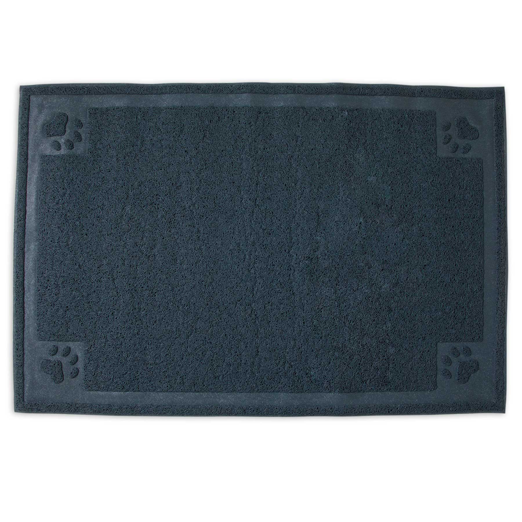 The Pet-mates Paws Large Litter Catcher Mat by Pet-mates is a rectangular dark gray mat with textured surfaces and subtle cat paw designs in the corners, ideal as a litter scatter solution.