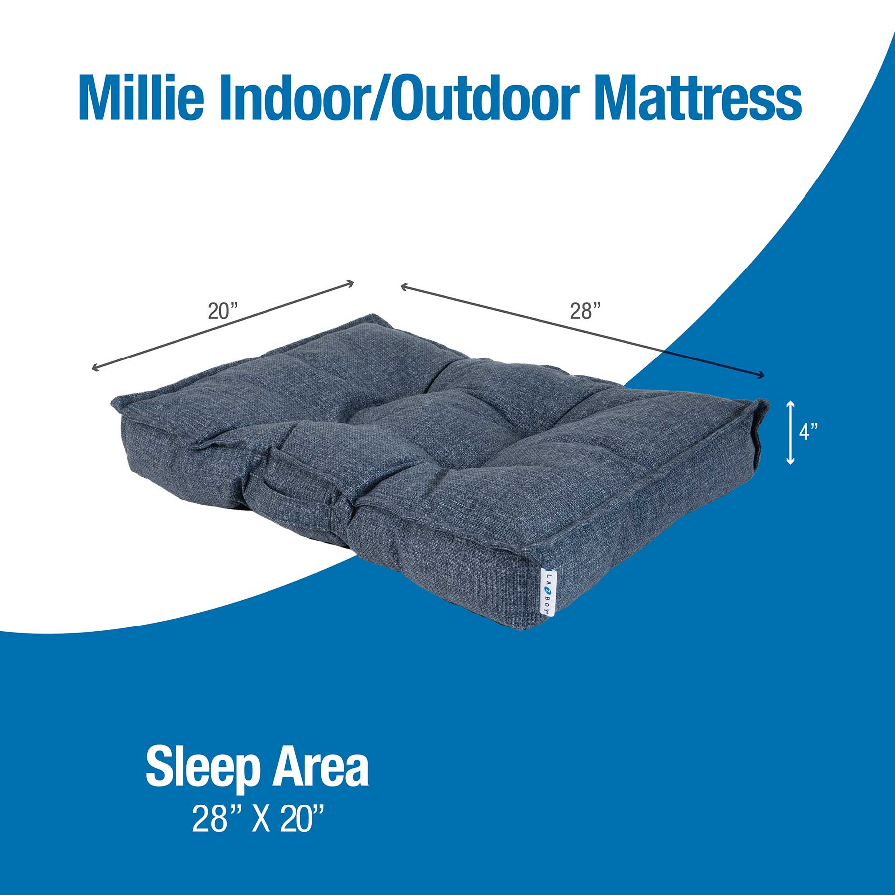 The La-Z-Boy Outdoor Millie Mattress Dog Bed, measuring 28 x 20 x 4, features Comfort Select Fiber and comes in a blue and gray design. Suitable for indoor or outdoor use, its cozy sleep area has a serene blue and white background, making it an ideal pet bed option.