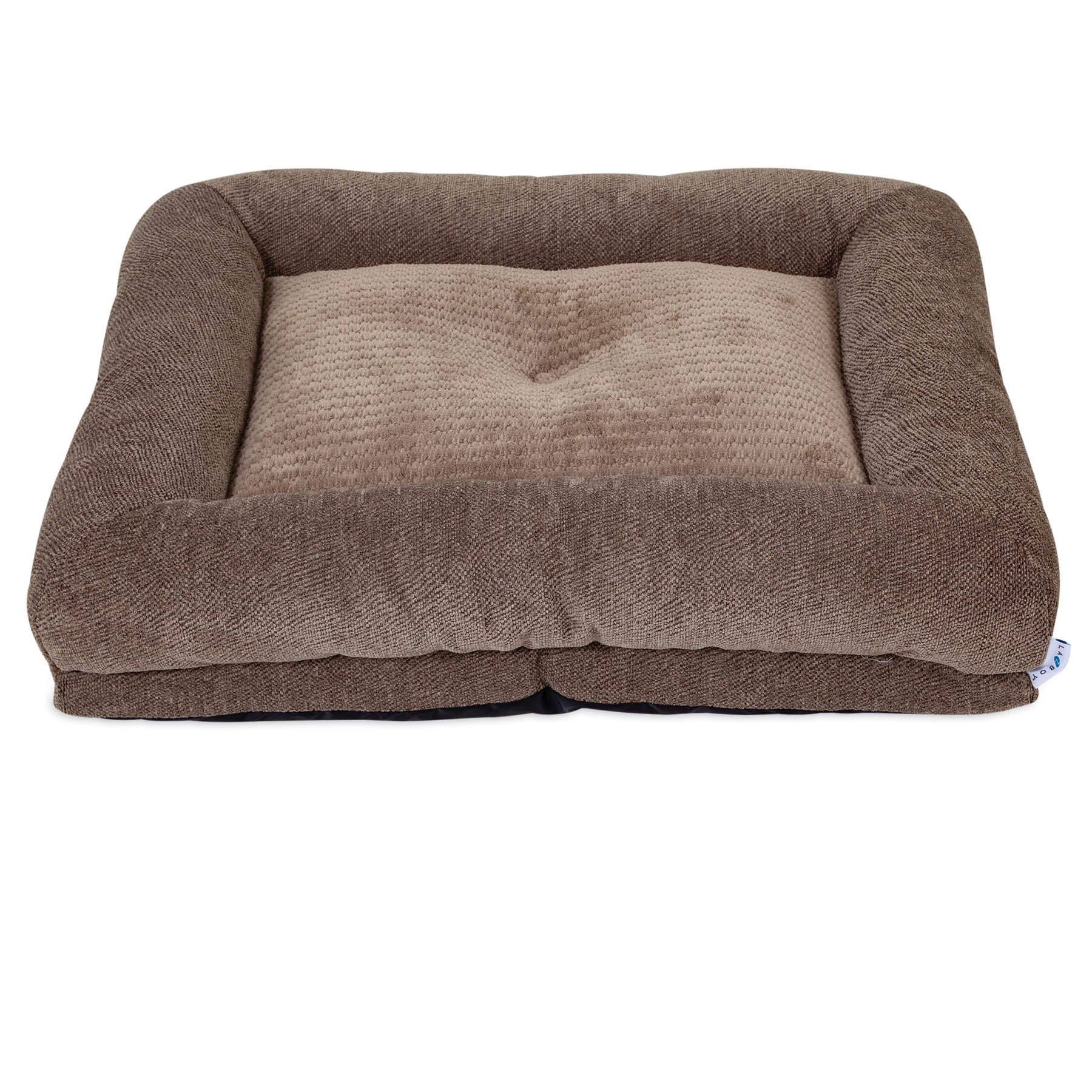 The La-Z-Boy Greystone Taupe Rosie Lounger Dog Bed is a plush, square-shaped bed ideal for medium-sized dogs. It has a textured surface with raised, padded edges for comfort, and a soft indented center to provide a cozy resting spot.