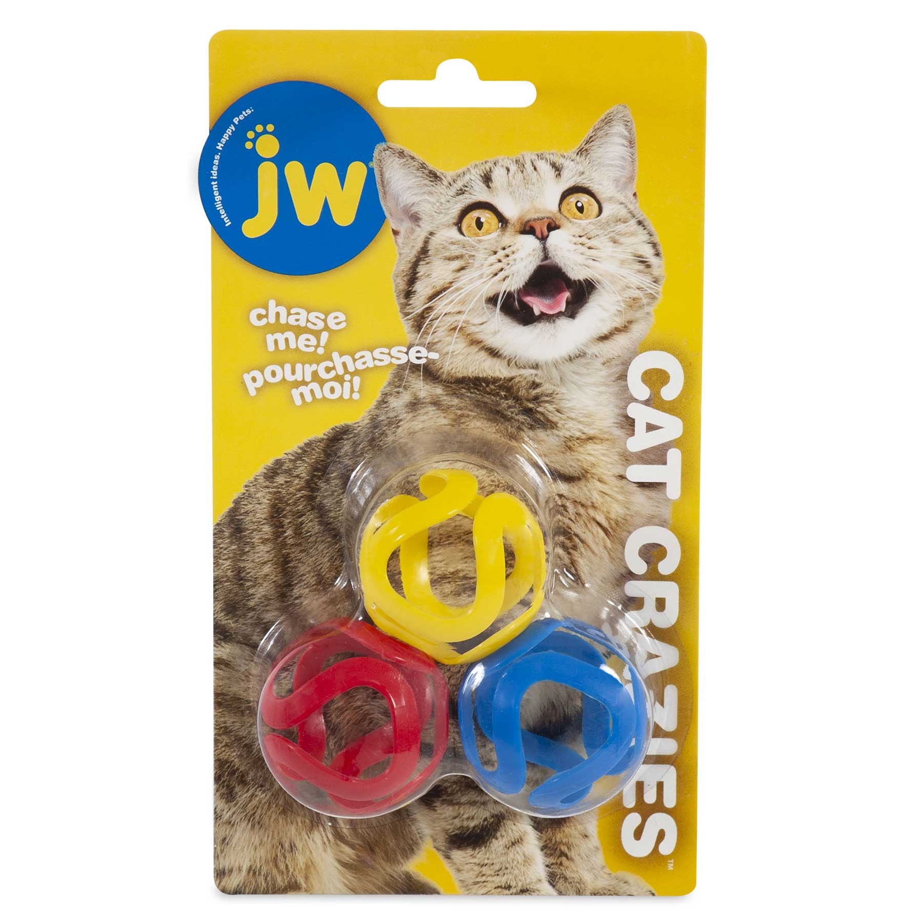 The JW Cat Crazies features playful cat-themed packaging, emphasizing its lightweight design. Inside are three durable plastic ring toys in red, yellow, and blue with chase me! pourchasse moi! displayed alongside the iconic JW logo—ideal for cat toy lovers!.