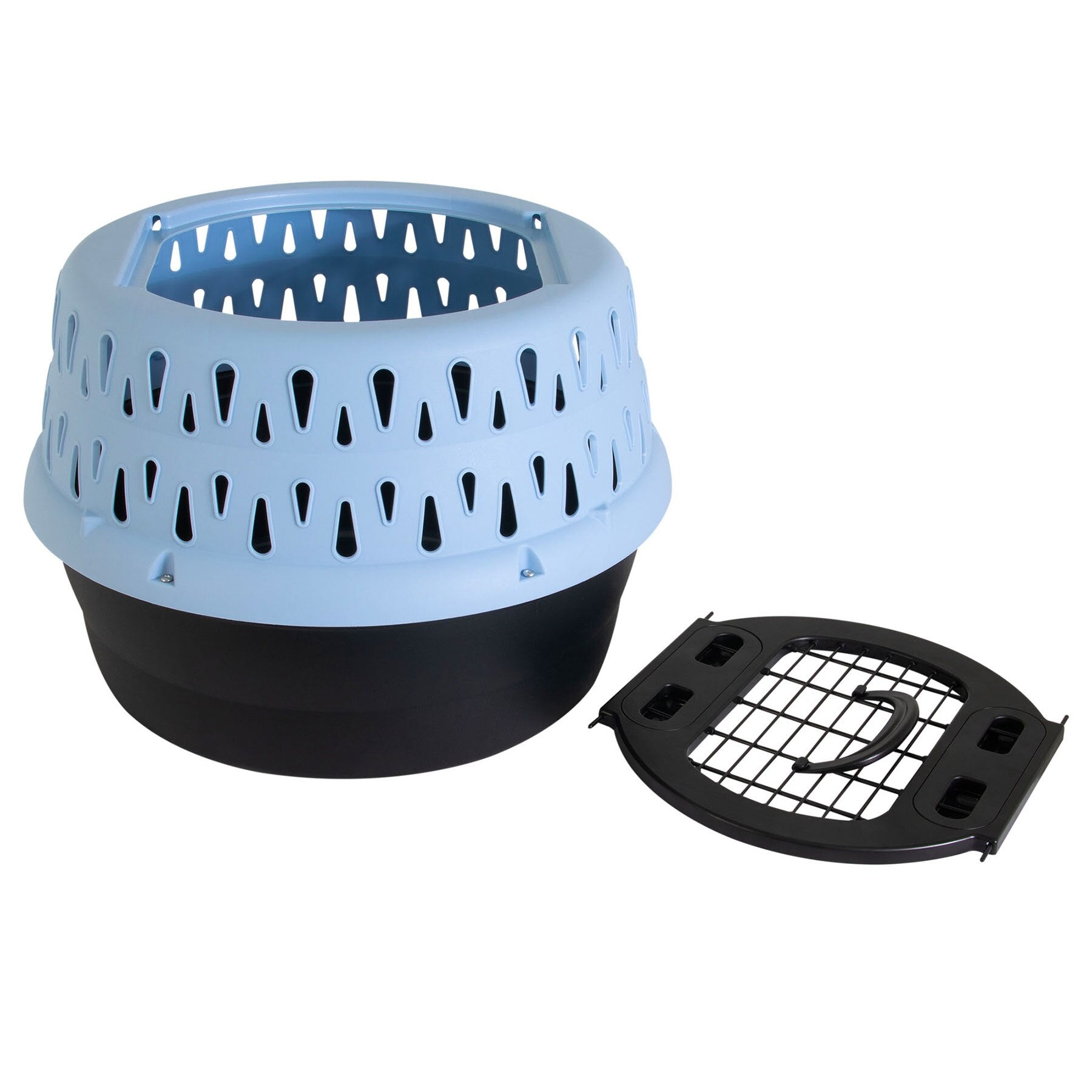 The Pet-mates Get-A-Round E-Z Load Kennel For Cats features a round plastic design with a black base, light blue ventilated top, and removable black wire door placed alongside for secure, comfortable cat transport.