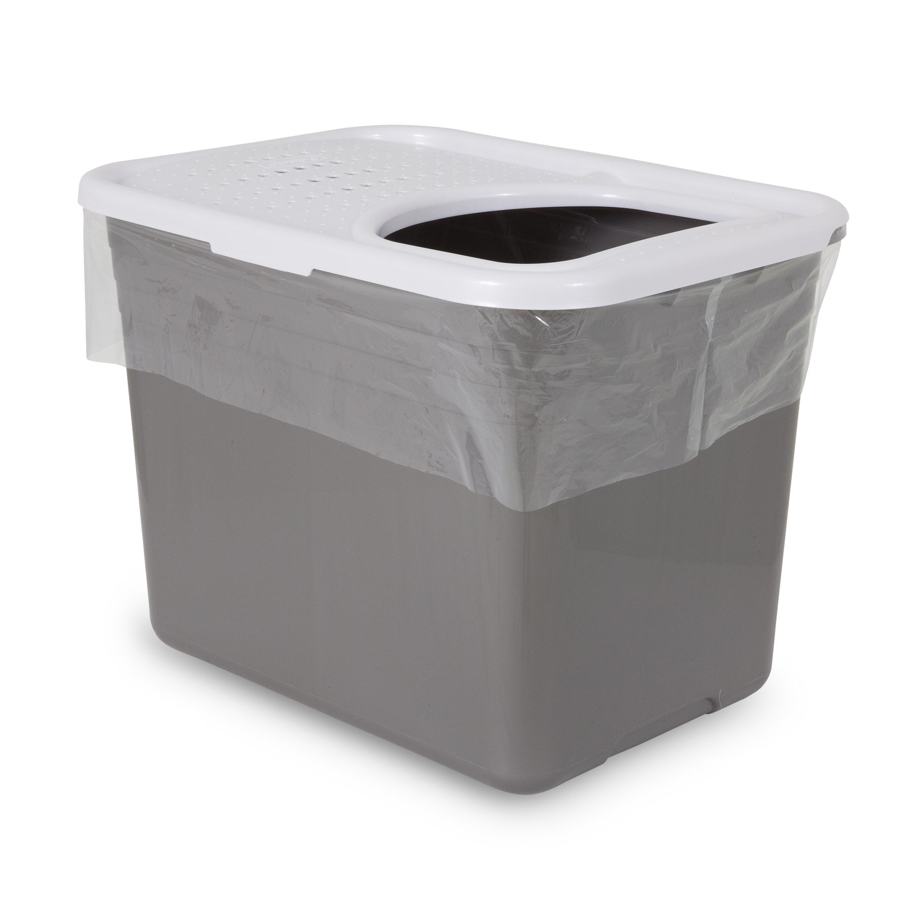 The Pet-mates Top Entry Litter Box, by Pet-mates, is a gray rectangular bin with a white lid and top entry. It includes heavy-duty, tear-resistant clear liners that secure around the rim. The lid has raised dots for efficient litter box cleanup.
