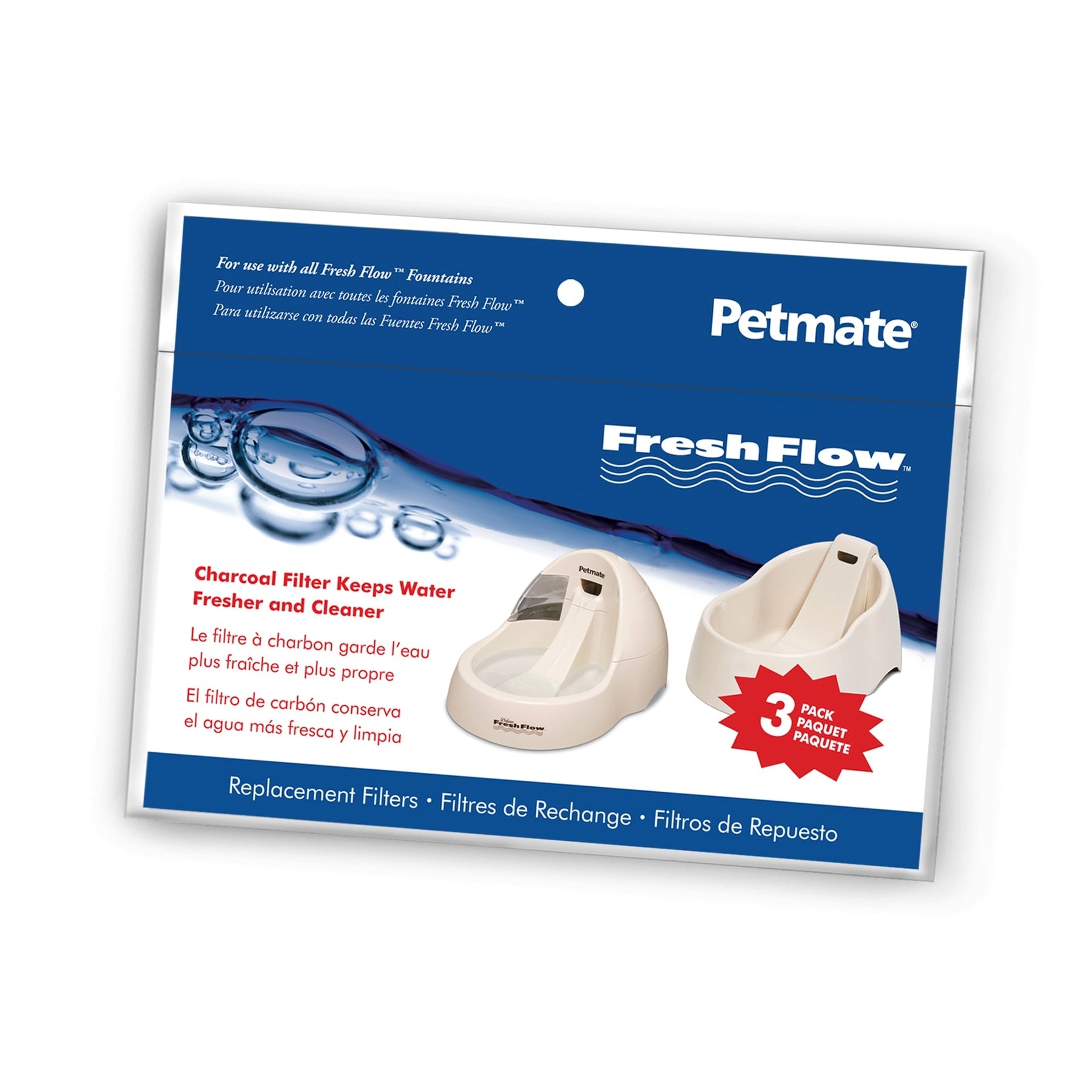 The image shows a Pet-mates Fresh Flow Replacement Charcoal Filter package, perfect for pet water fountains. It’s a 3 pack value ensuring cleaner water with charcoal technology. The blue and white pack includes filter images and is trilingual in English, French, and Spanish.