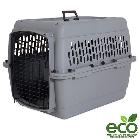 The Aspen Pet All Purpose Traditional Kennel by Aspen Pet offers 360° ventilation, a durable gray plastic body, black metal door, and top handle—ideal for travel. Eco label confirms its made with 90% pre-consumer recycled plastic.