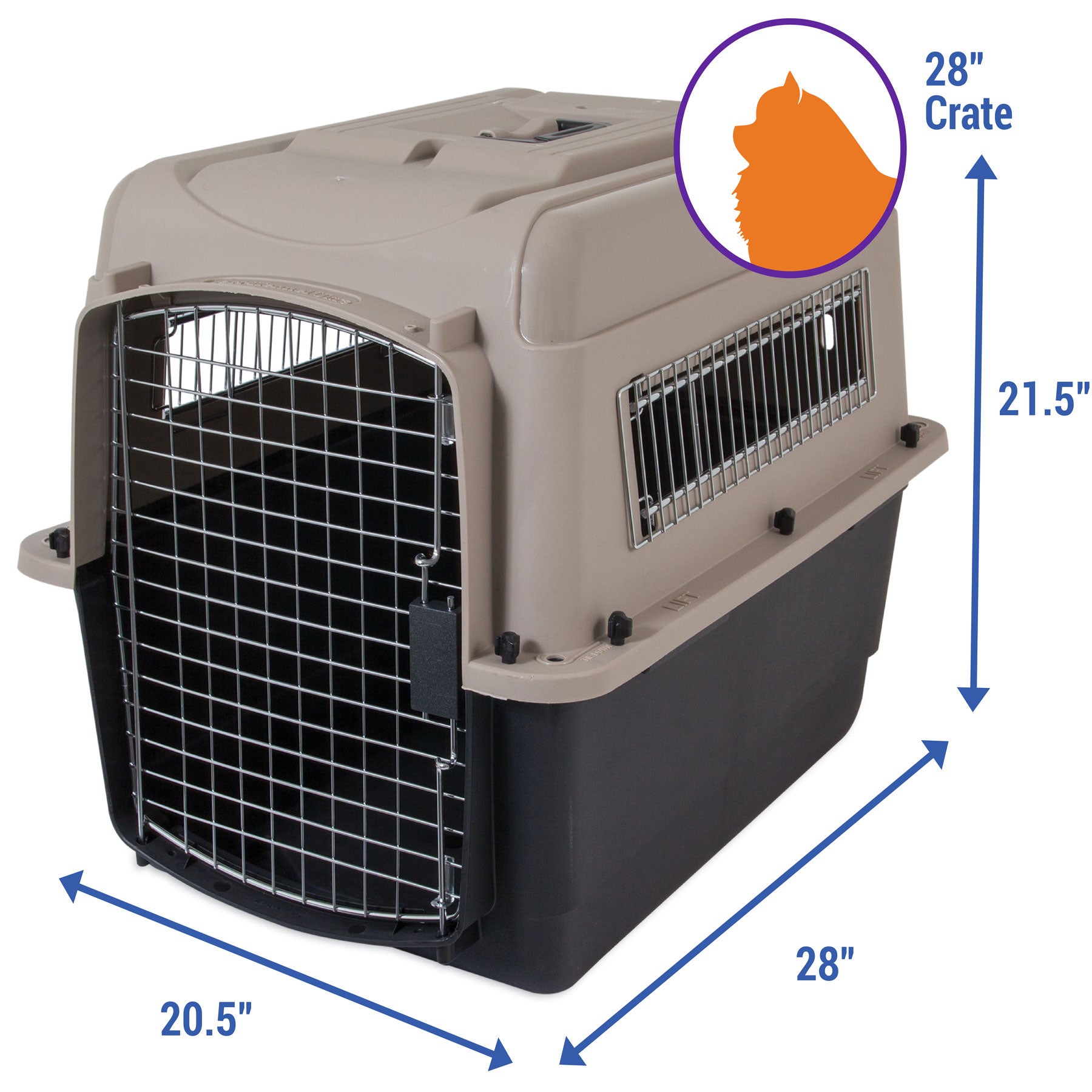 The Pet-mates Traveler - Ultra Vari Kennel by Pet-mates is a tan and black durable pet carrier (28 x 20.5 x 21.5) with a metal door, side vents, and airline approval. A purple circle shows a cat’s head silhouette in the corner.