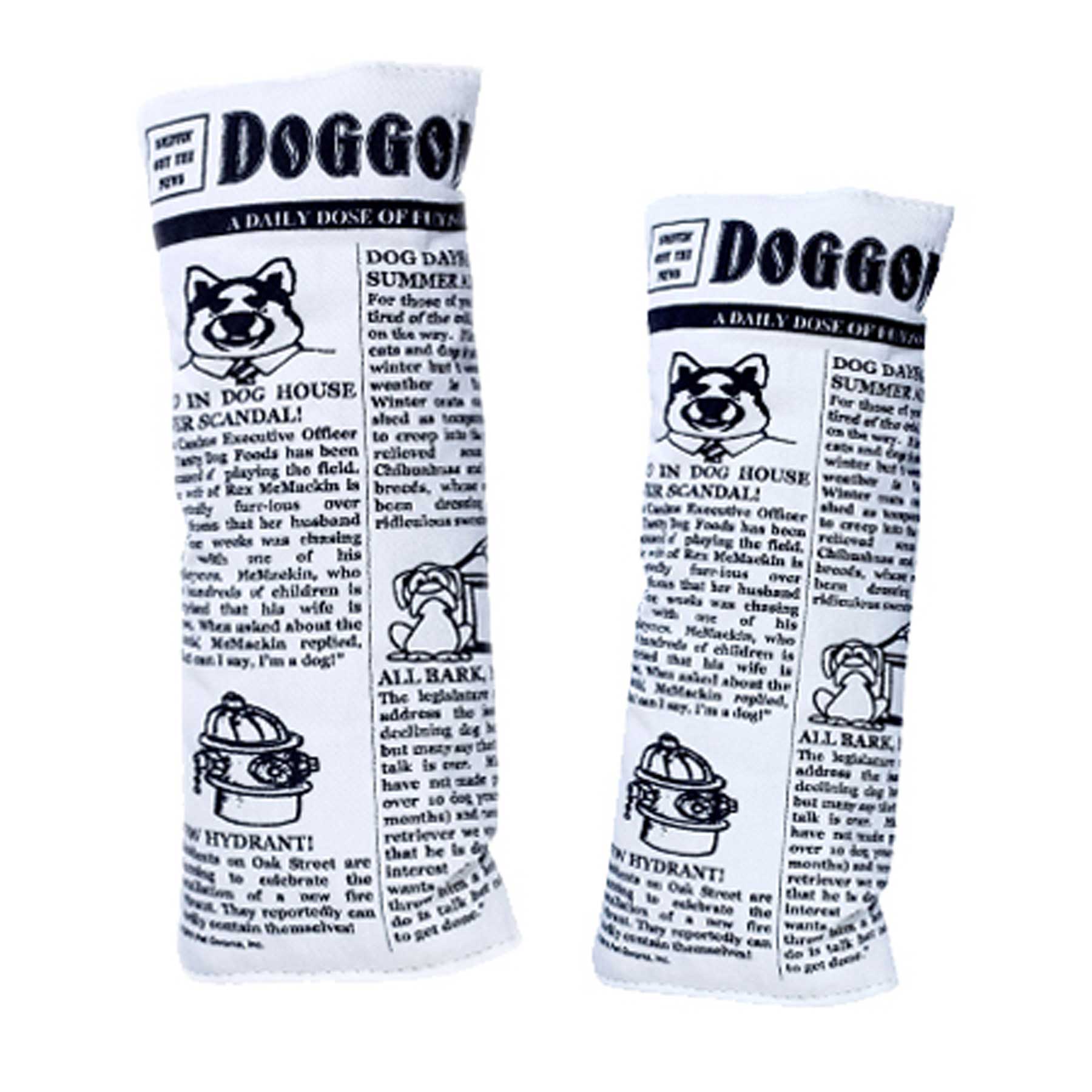 The Pet Qwerks Krinkle & Squeaky Newspaper Plush Dog Toy by Petqwerks resembles newspaper rolls with a dog face and the headline Doggone! printed in black on white. Made from durable canvas, these toys are perfect for playful pups.