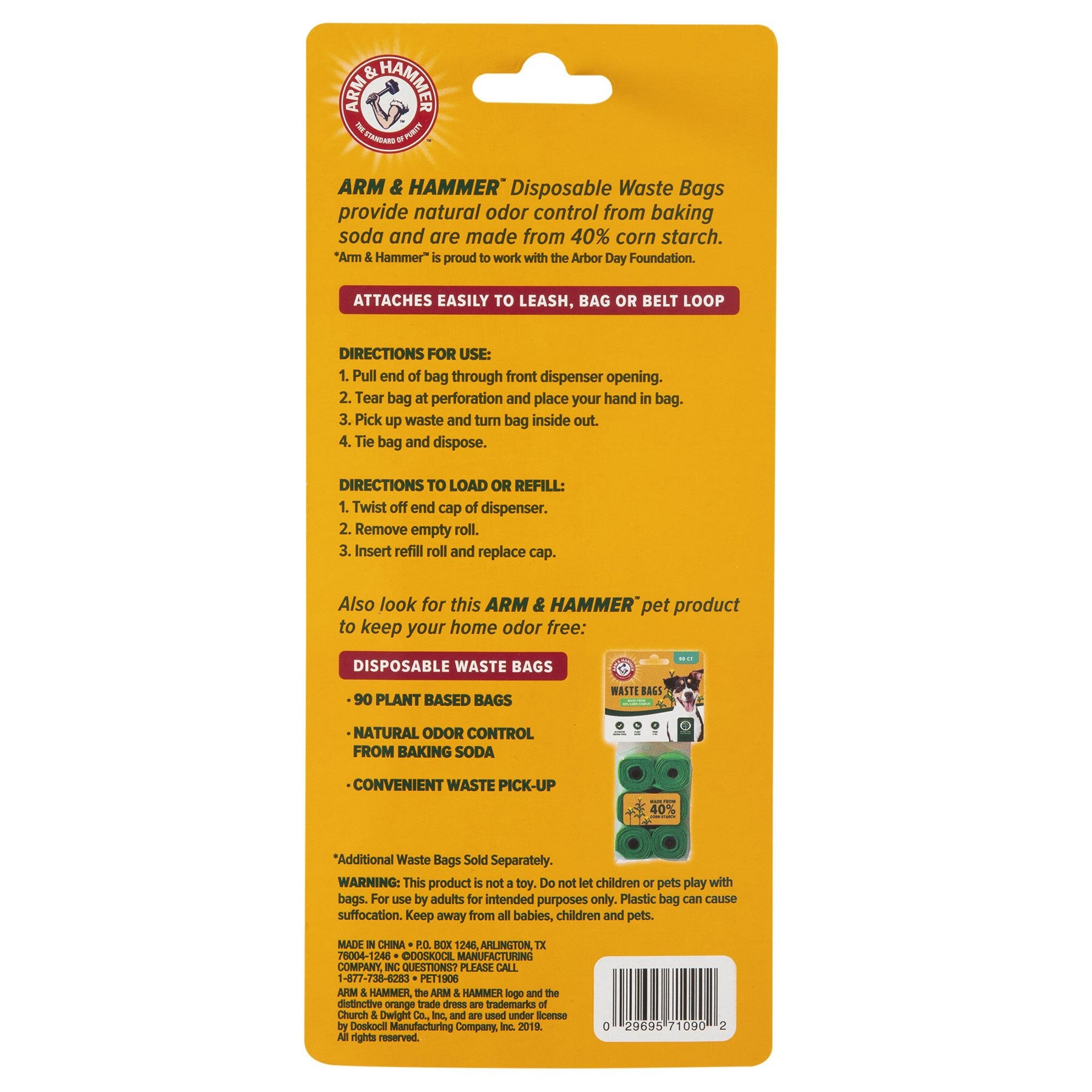 The Arm & Hammer Bone Dispenser & Cornstarch Waste Bags (30 Count) package highlights instructions and benefits like superior odor control and easy leash attachment. The compostable bags come with or without a dispenser, and images of the product and related items are displayed at the bottom.