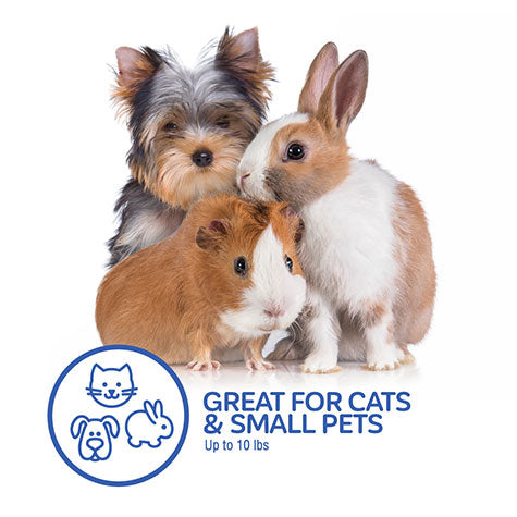 A small dog, rabbit, and guinea pig sit on a white background. Text reads: Pet-mates E-Z Load Top Load Cat Kennel—great for cats & small pets up to 10 lbs with 360° ventilation for travel stress relief. Pet-mates logo beside cat, dog, and rabbit icons.