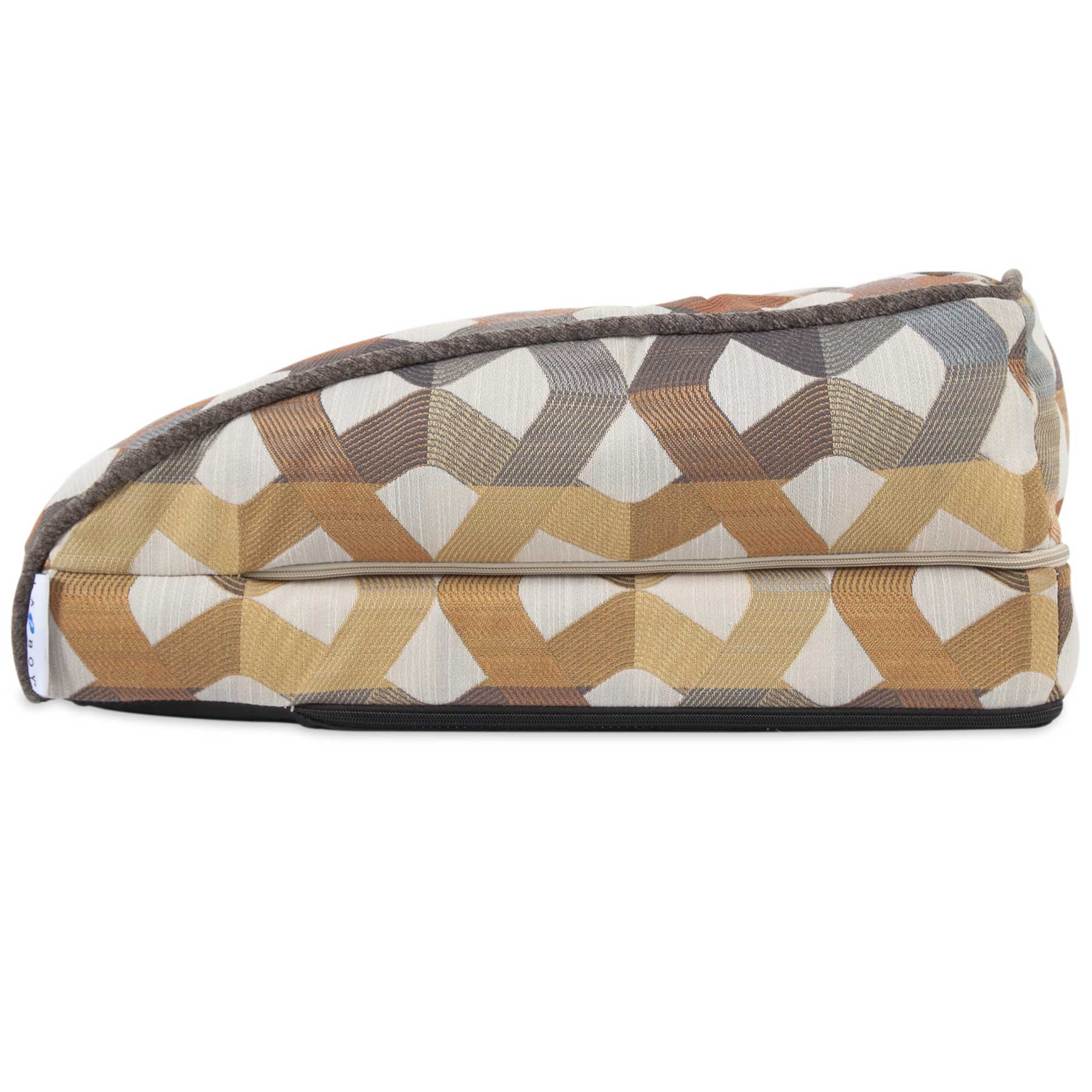 The La-Z-Boy Riley Orthopedic Sofa Dog Bed by La-Z-Boy features a cushioned design with a geometric pattern in brown, beige, and gray shades. Its fabric cover displays interlocking diamonds, while the flat base ensures stability for enhanced pet comfort.