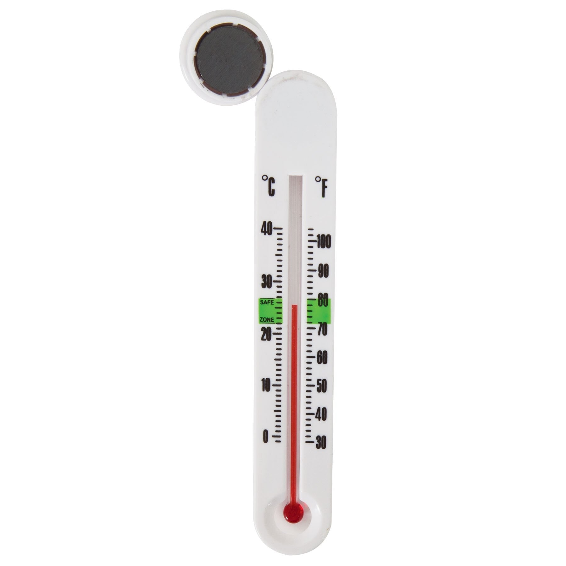 The JW Aquarium SmartTemp Thermometer by Jw is white, shows Celsius and Fahrenheit, features a red mercury line at 80°F/27°C, and has a circular display with green and red bands marking ideal tropical fish temperature zones.