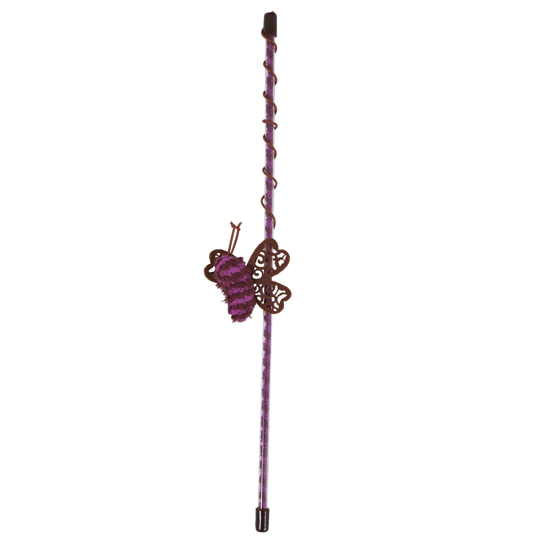 The JW Butterfly Cat Wand by Jw features a purple coiled design made from durable materials with a brown butterfly ornament on its shaft.