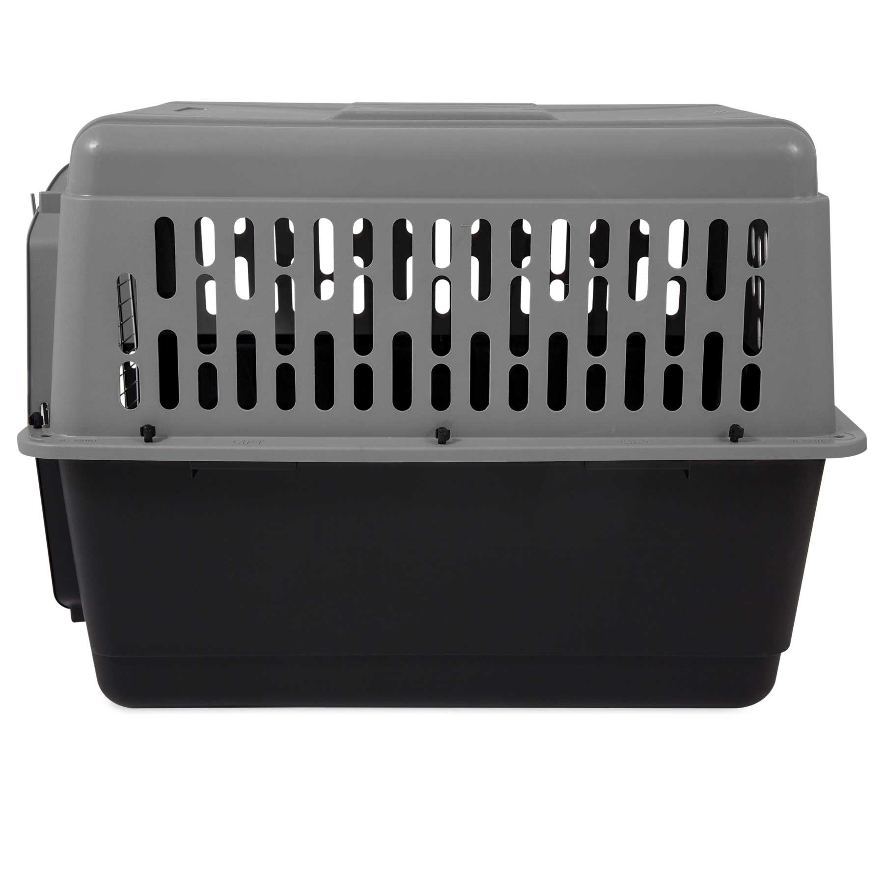 The Aspen Pet Pet-mates All Purpose Aspen Pet Porter is a gray and black plastic pet carrier with top ventilation slats and a solid bottom, designed for pet comfort and meets most air travel requirements. Shown from the side.
